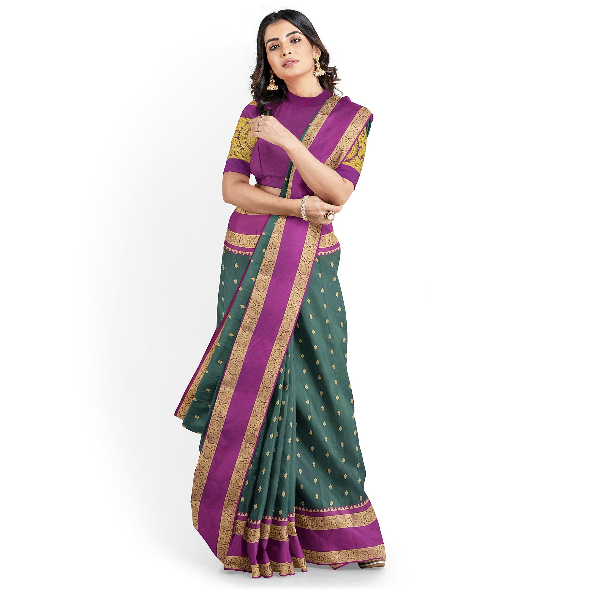 Bottle Green Silk Saree with Zari Butta and Magenta Pink Border – Elegant Kanjivaram Style - New Sudarshan Silks`