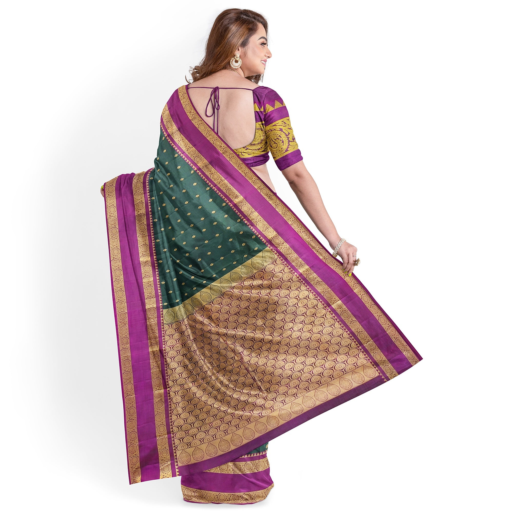 Bottle Green Silk Saree with Zari Butta and Magenta Pink Border – Elegant Kanjivaram Style - New Sudarshan Silks`