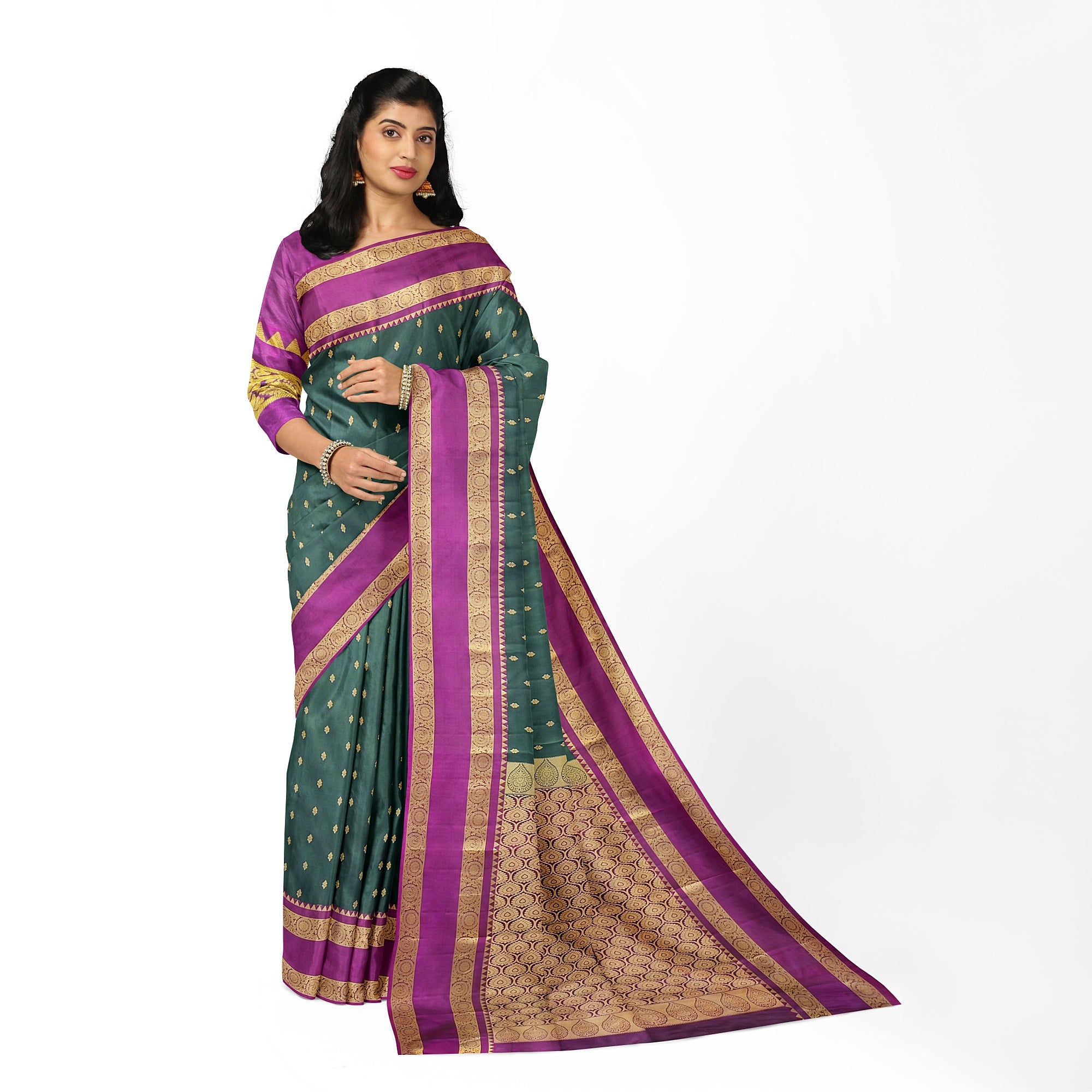 Bottle Green Silk Saree with Zari Butta and Magenta Pink Border – Elegant Kanjivaram Style - New Sudarshan Silks`