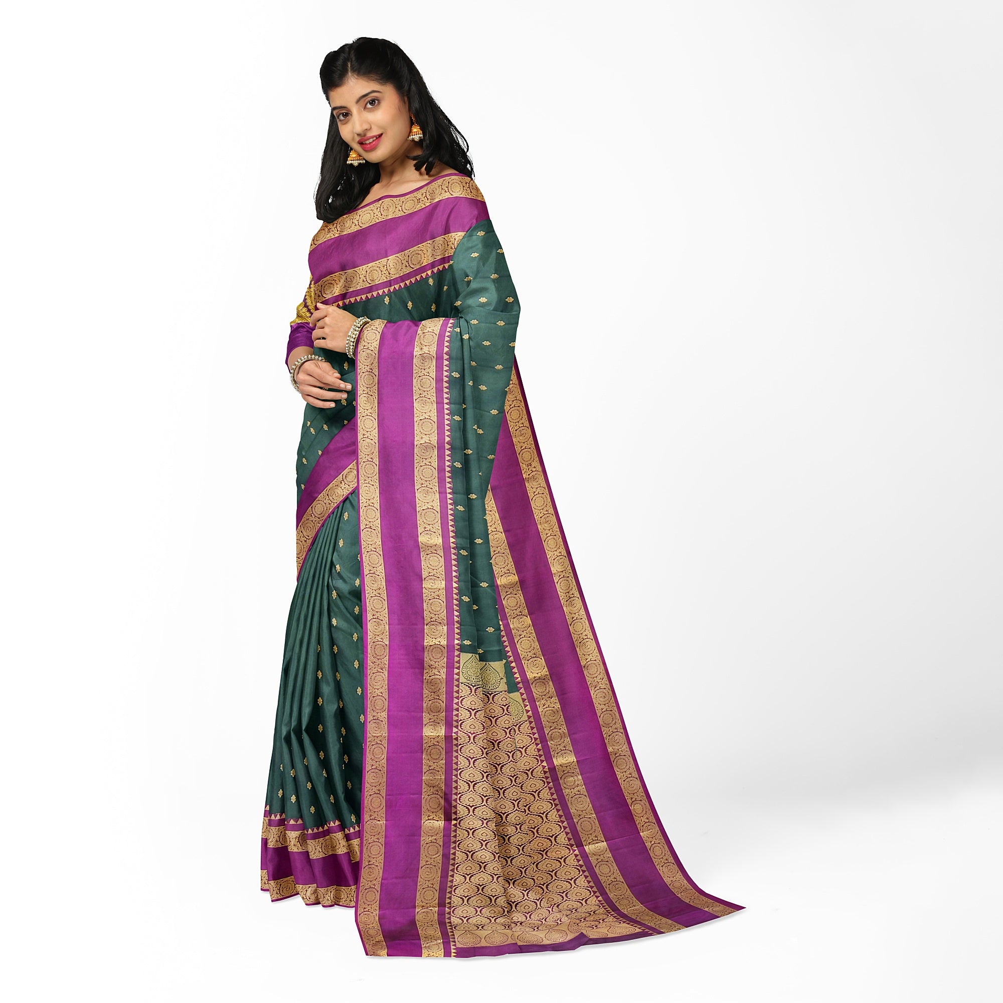 Bottle Green Silk Saree with Zari Butta and Magenta Pink Border – Elegant Kanjivaram Style - New Sudarshan Silks`