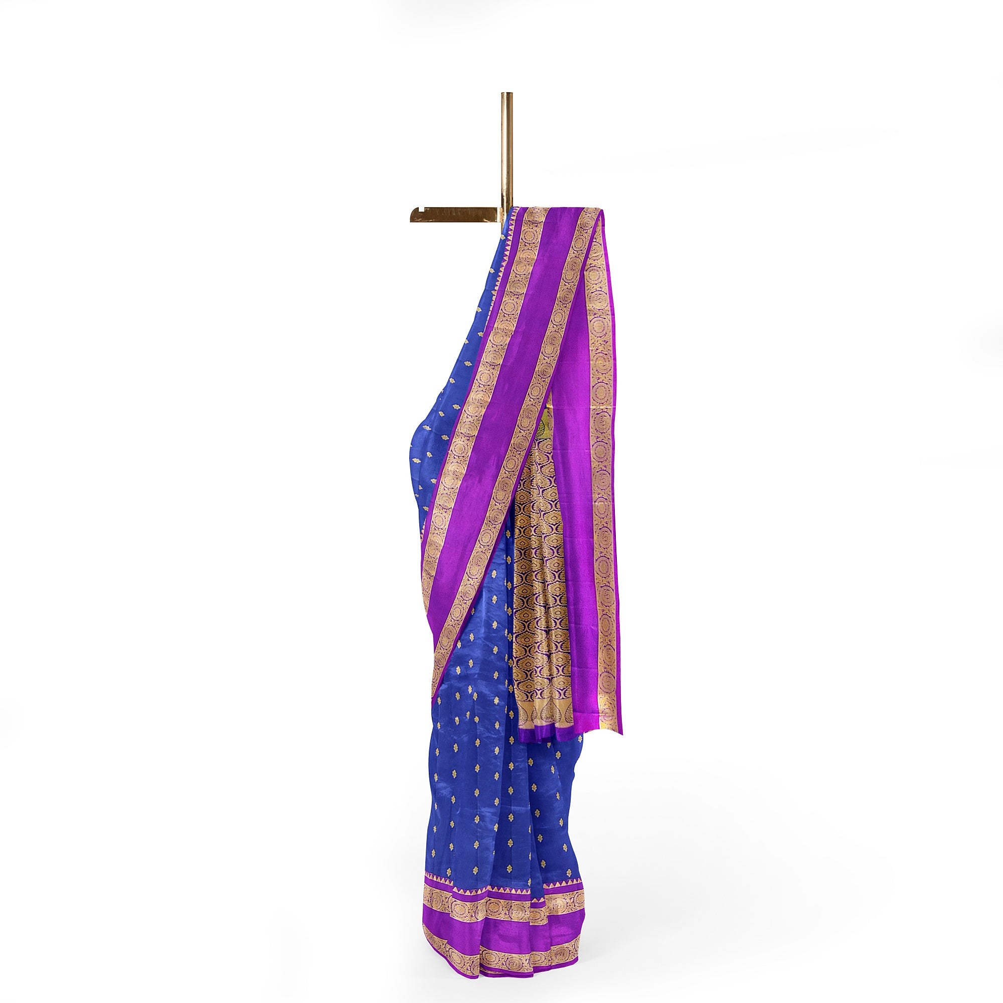 Ink Blue Silk Saree with Zari Butta and Magenta Pink Border – Traditional Kanjivaram Elegance - New Sudarshan Silks`