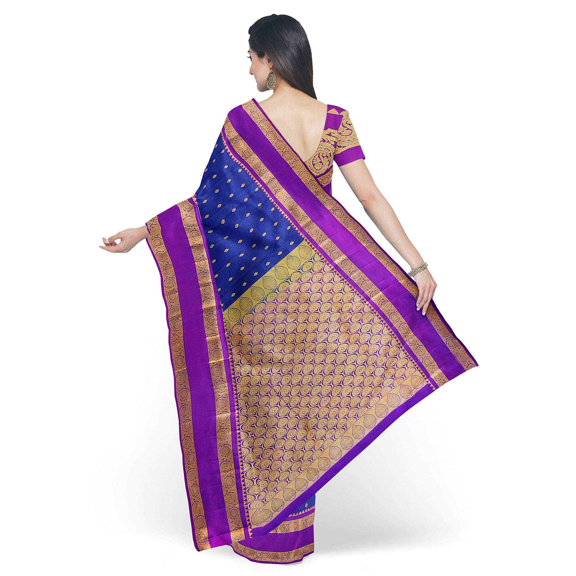 Ink Blue Silk Saree with Zari Butta and Magenta Pink Border – Traditional Kanjivaram Elegance - New Sudarshan Silks`