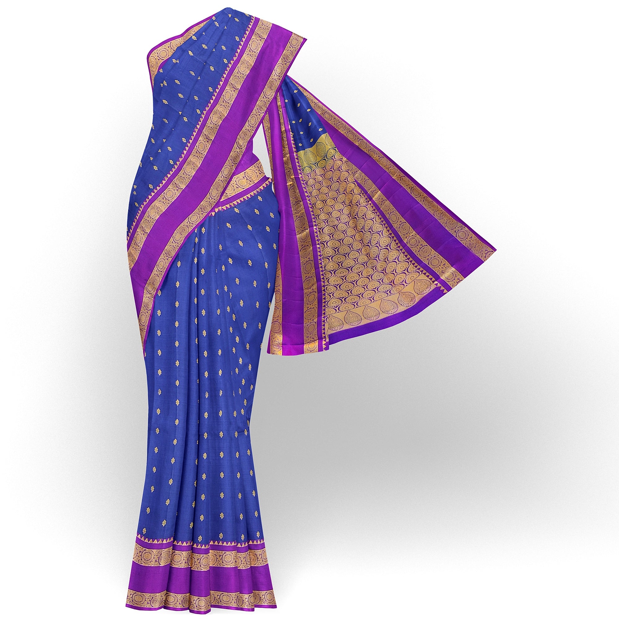 Ink Blue Silk Saree with Zari Butta and Magenta Pink Border – Traditional Kanjivaram Elegance - New Sudarshan Silks`