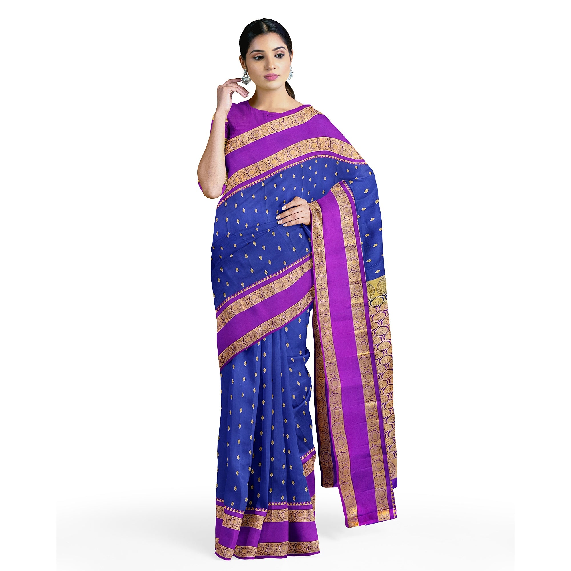 Ink Blue Silk Saree with Zari Butta and Magenta Pink Border – Traditional Kanjivaram Elegance - New Sudarshan Silks`
