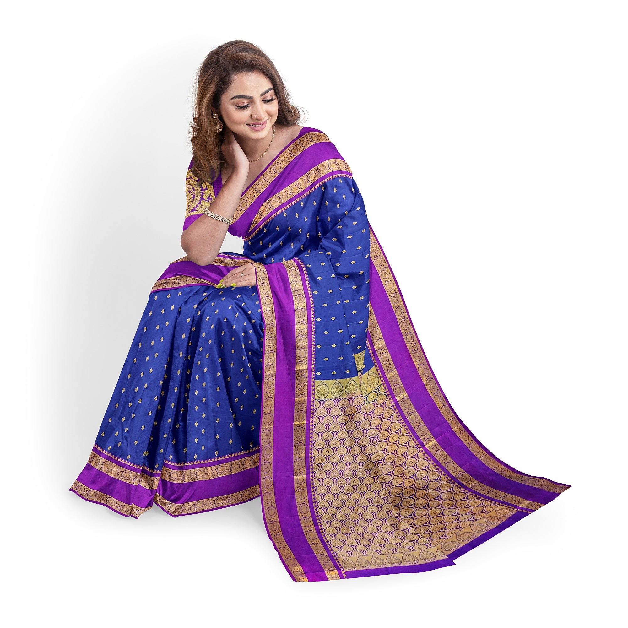 Ink Blue Silk Saree with Zari Butta and Magenta Pink Border – Traditional Kanjivaram Elegance - New Sudarshan Silks`