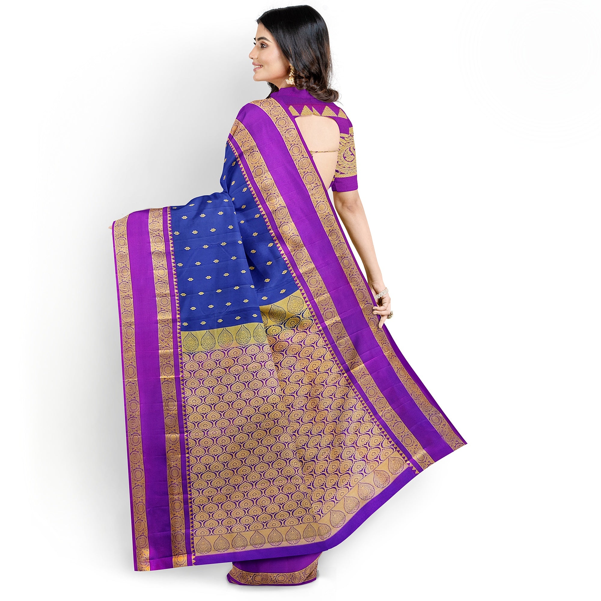 Ink Blue Silk Saree with Zari Butta and Magenta Pink Border – Traditional Kanjivaram Elegance - New Sudarshan Silks`