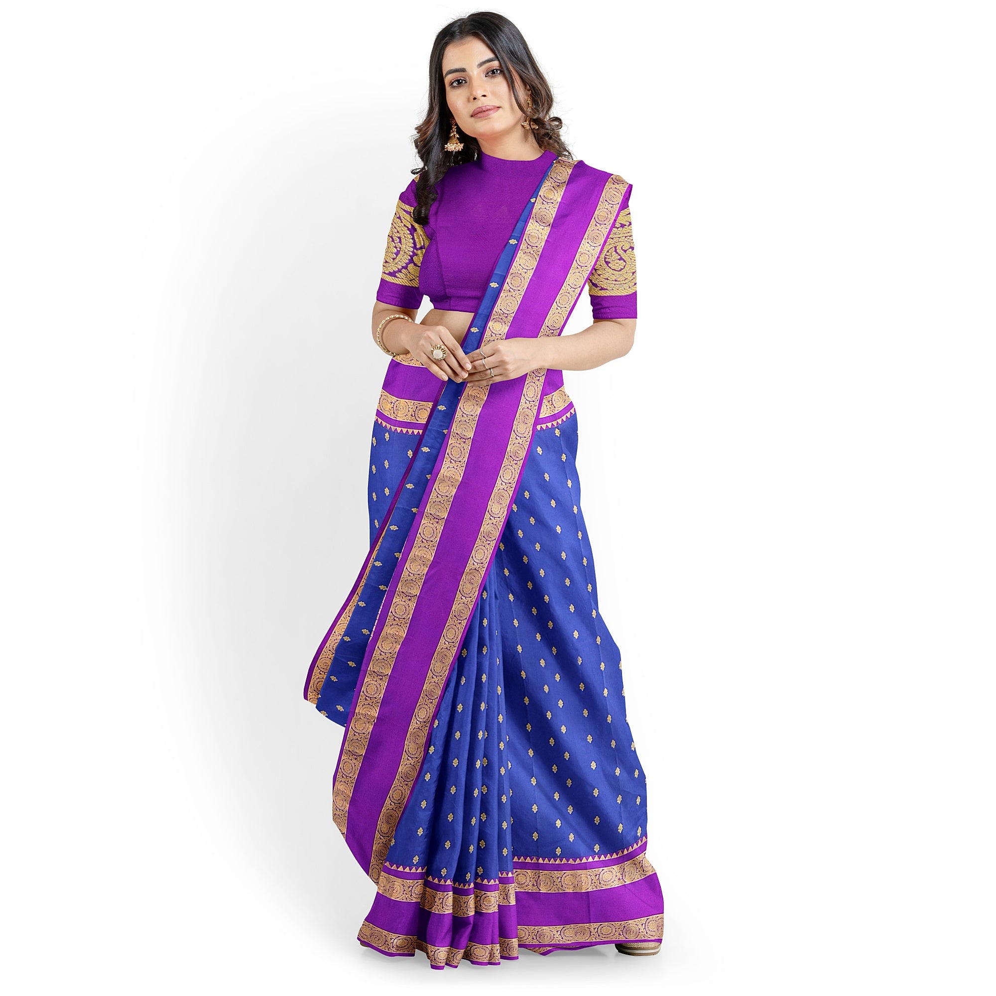 Ink Blue Silk Saree with Zari Butta and Magenta Pink Border – Traditional Kanjivaram Elegance - New Sudarshan Silks`
