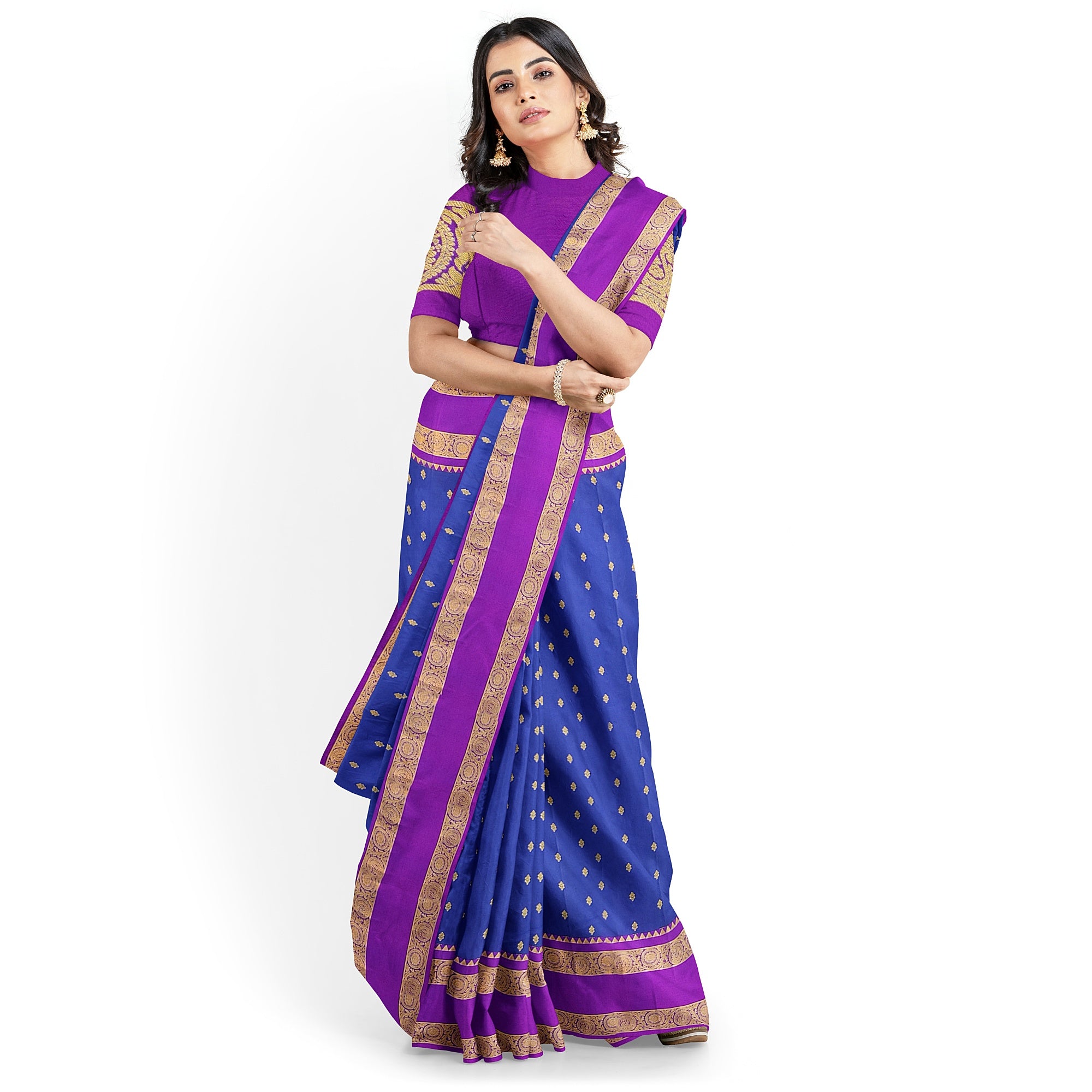 Ink Blue Silk Saree with Zari Butta and Magenta Pink Border – Traditional Kanjivaram Elegance - New Sudarshan Silks`