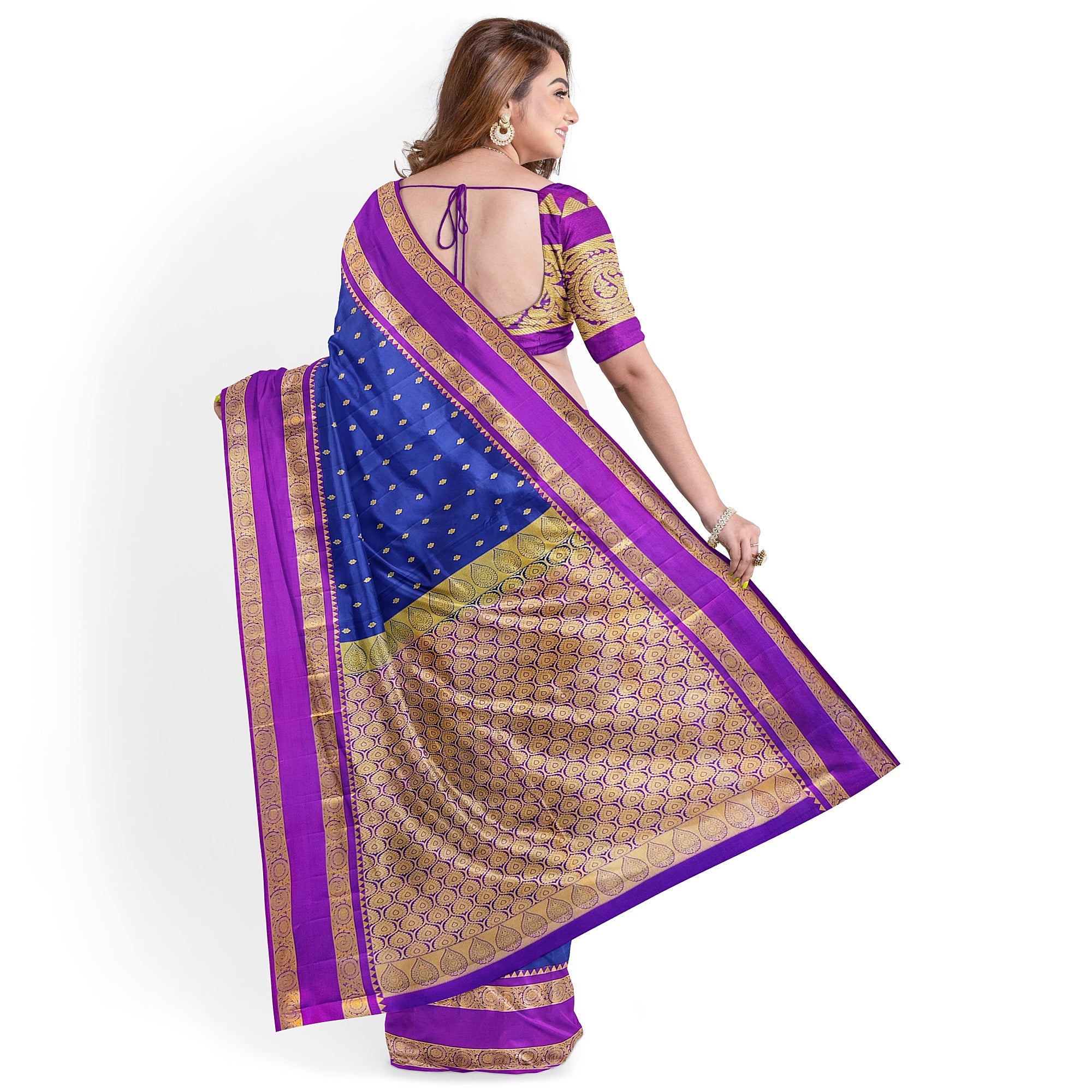 Ink Blue Silk Saree with Zari Butta and Magenta Pink Border – Traditional Kanjivaram Elegance - New Sudarshan Silks`