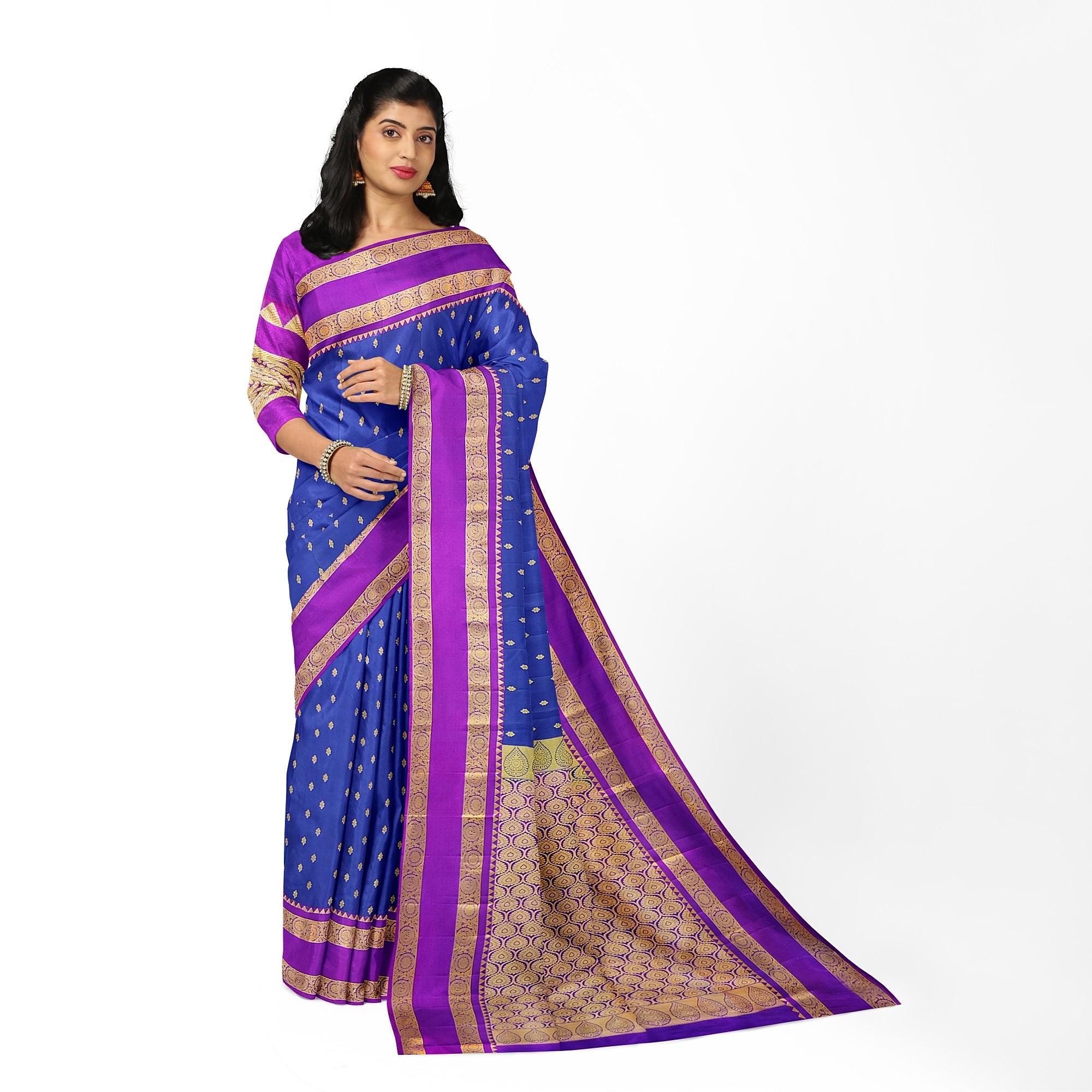 Ink Blue Silk Saree with Zari Butta and Magenta Pink Border – Traditional Kanjivaram Elegance - New Sudarshan Silks`