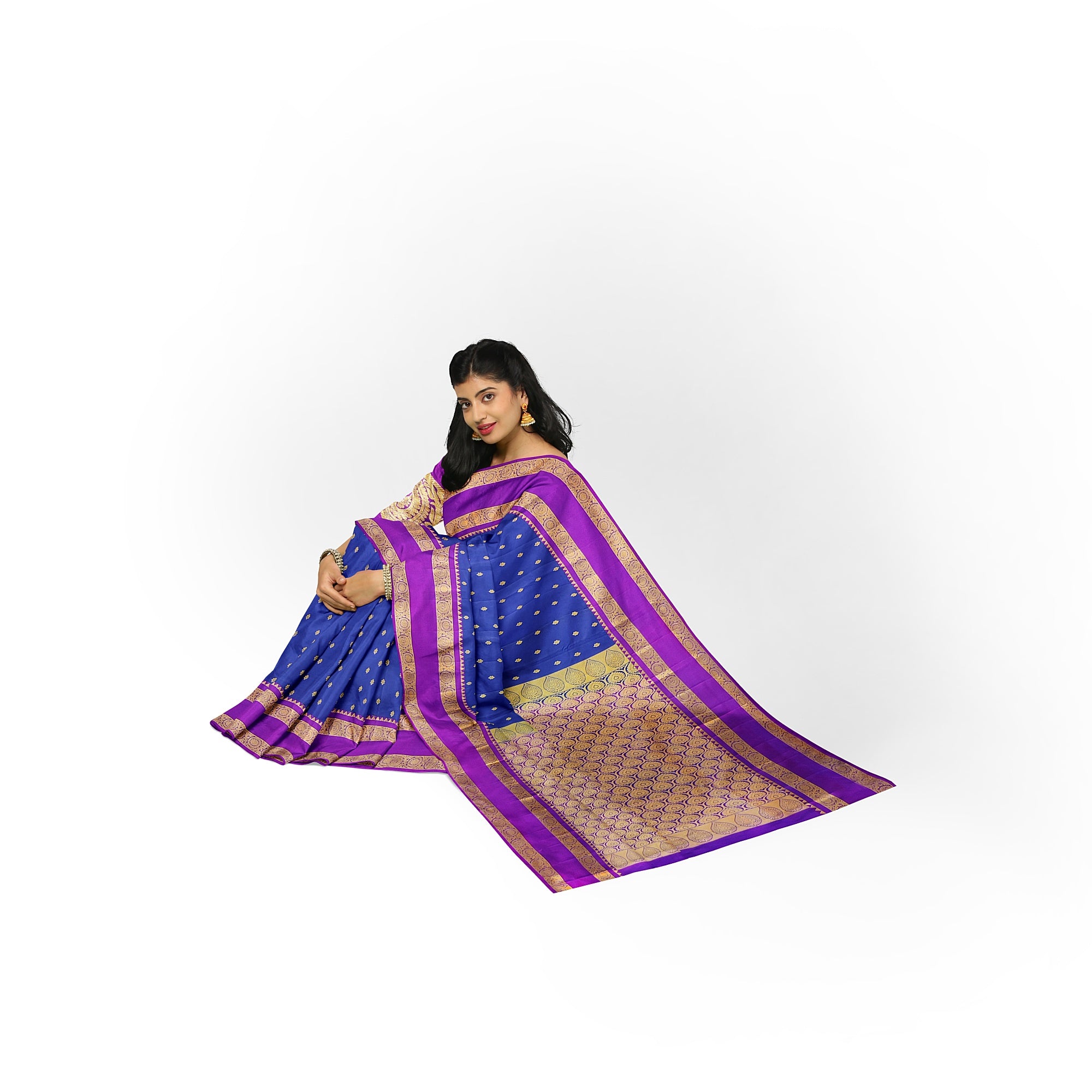 Ink Blue Silk Saree with Zari Butta and Magenta Pink Border – Traditional Kanjivaram Elegance - New Sudarshan Silks`