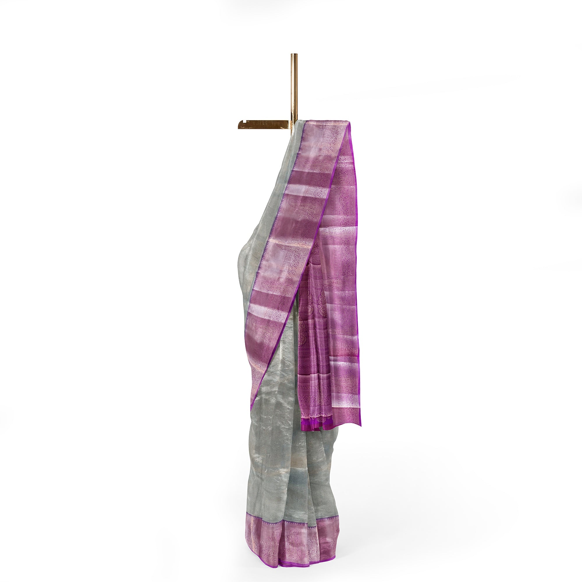 Grey Semi Tissue Saree with Plain Design and Baby Pink Border - New Sudarshan Silks`