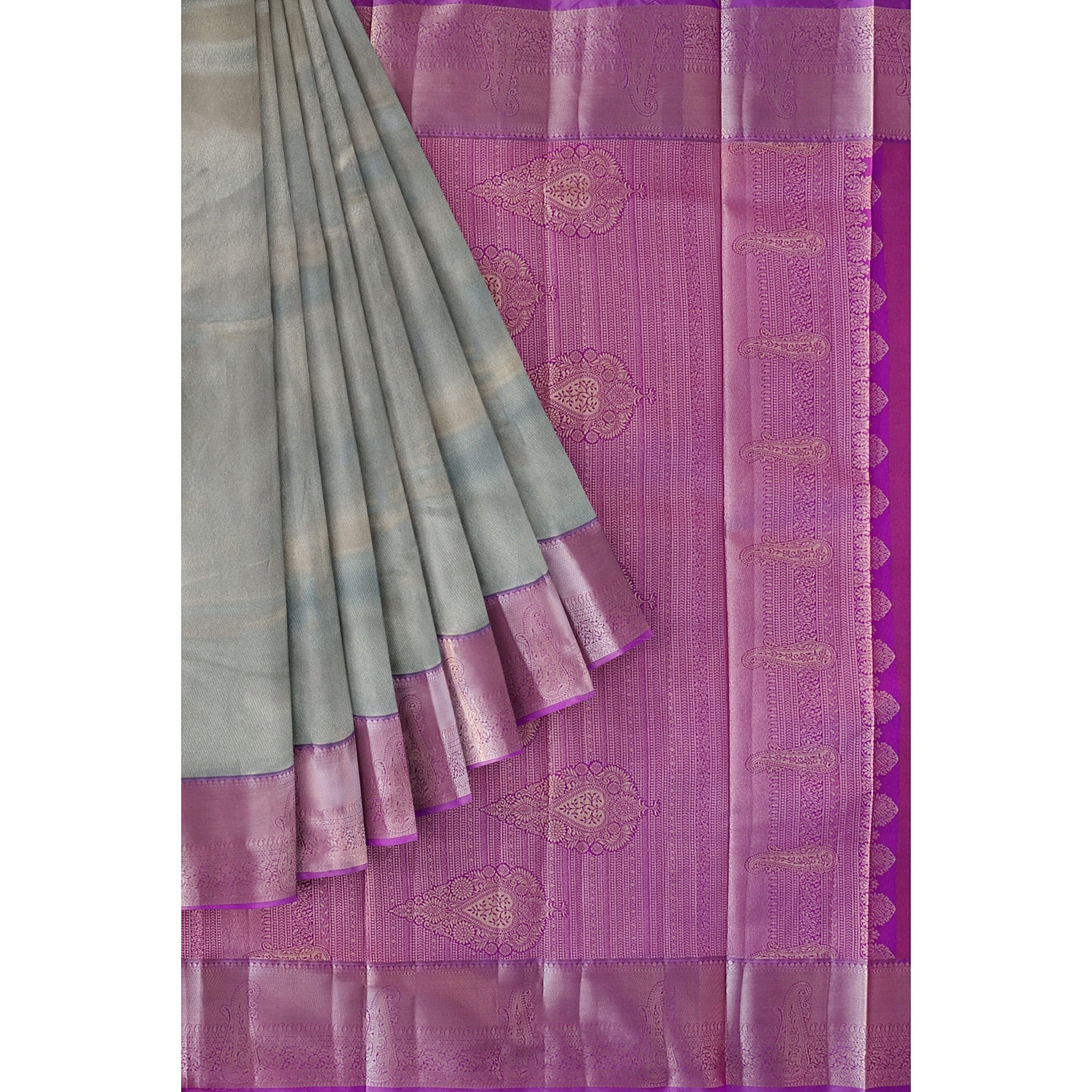 Grey Semi Tissue Saree with Plain Design and Baby Pink Border - New Sudarshan Silks`