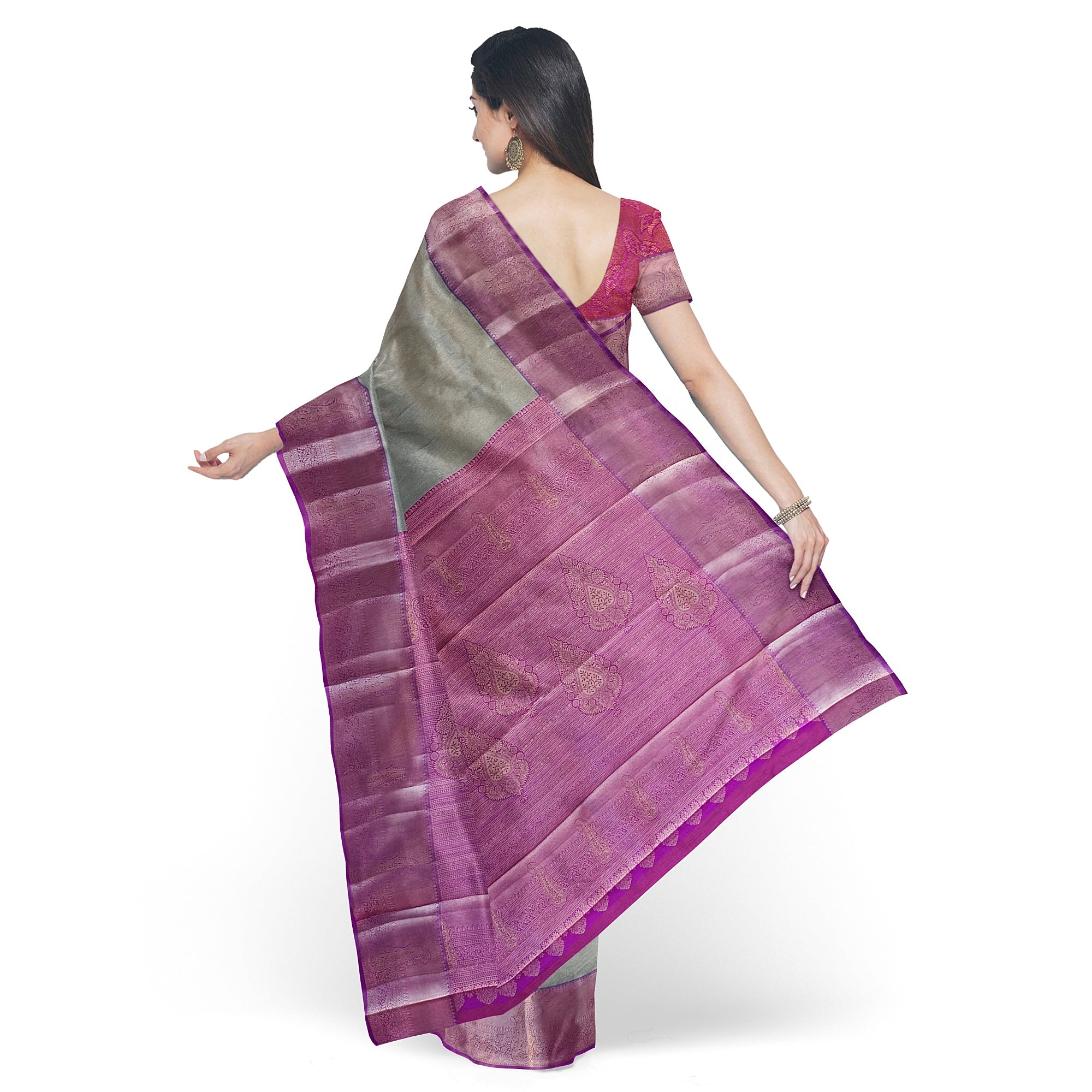 Grey Semi Tissue Saree with Plain Design and Baby Pink Border - New Sudarshan Silks`