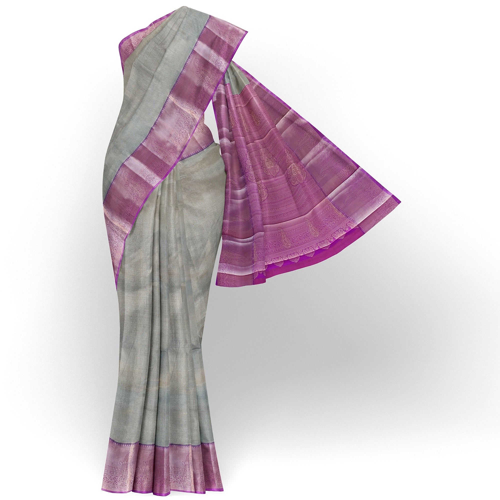 Grey Semi Tissue Saree with Plain Design and Baby Pink Border - New Sudarshan Silks`