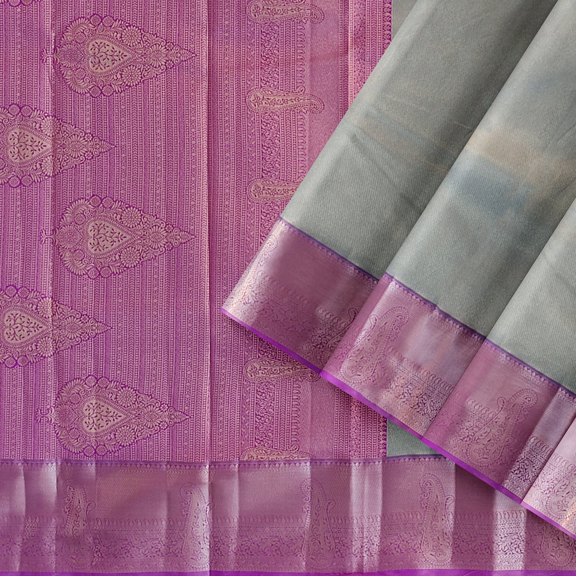 Grey Semi Tissue Saree with Plain Design and Baby Pink Border - New Sudarshan Silks`