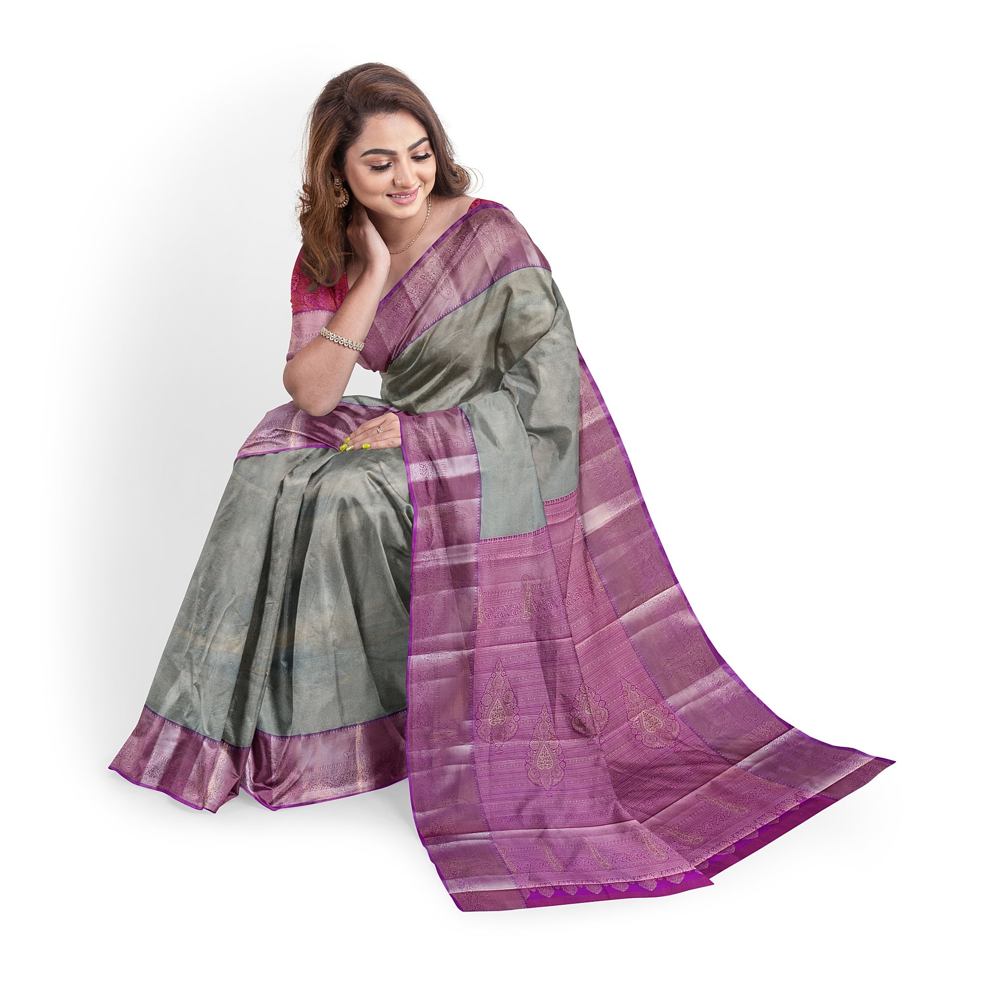 Grey Semi Tissue Saree with Plain Design and Baby Pink Border - New Sudarshan Silks`