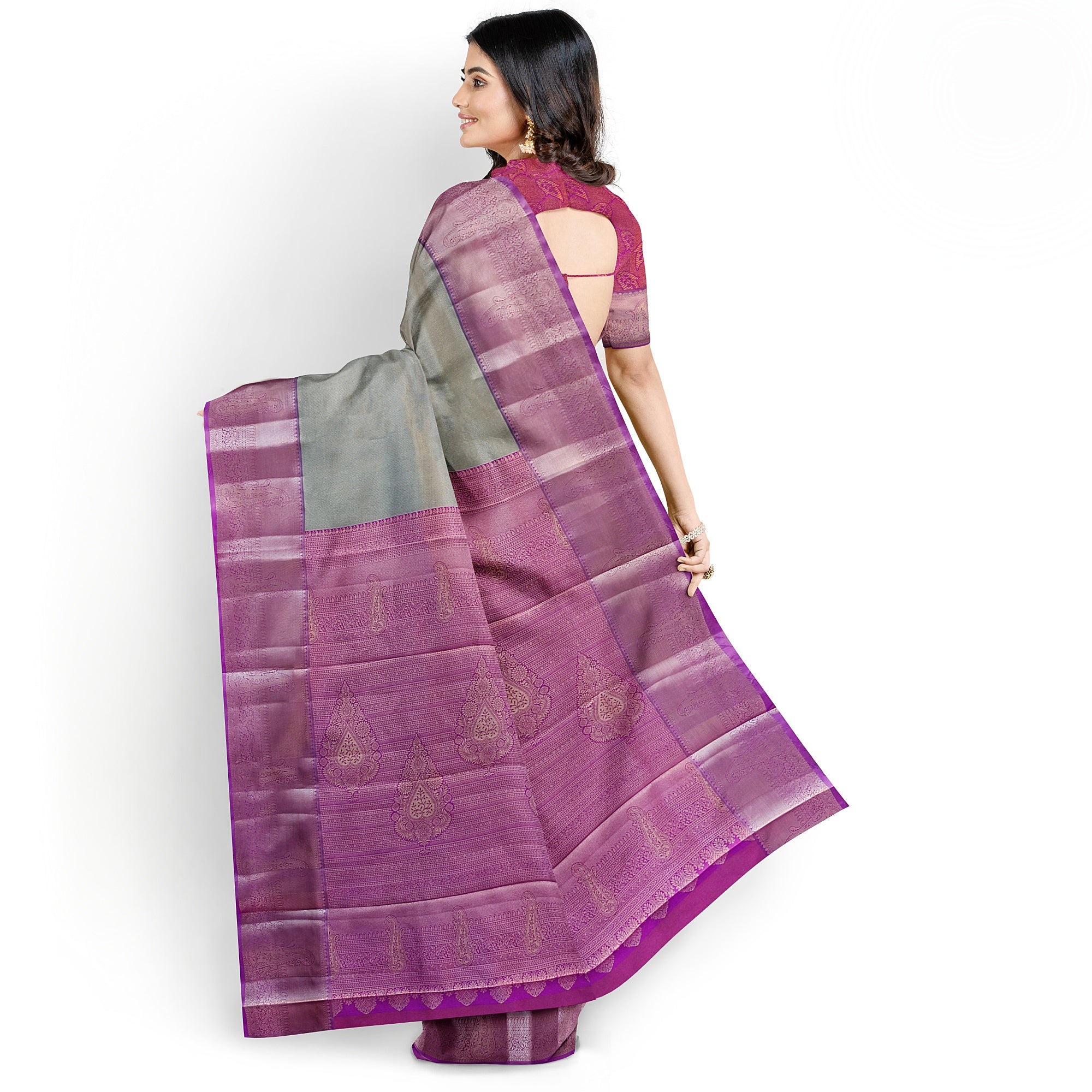 Grey Semi Tissue Saree with Plain Design and Baby Pink Border - New Sudarshan Silks`