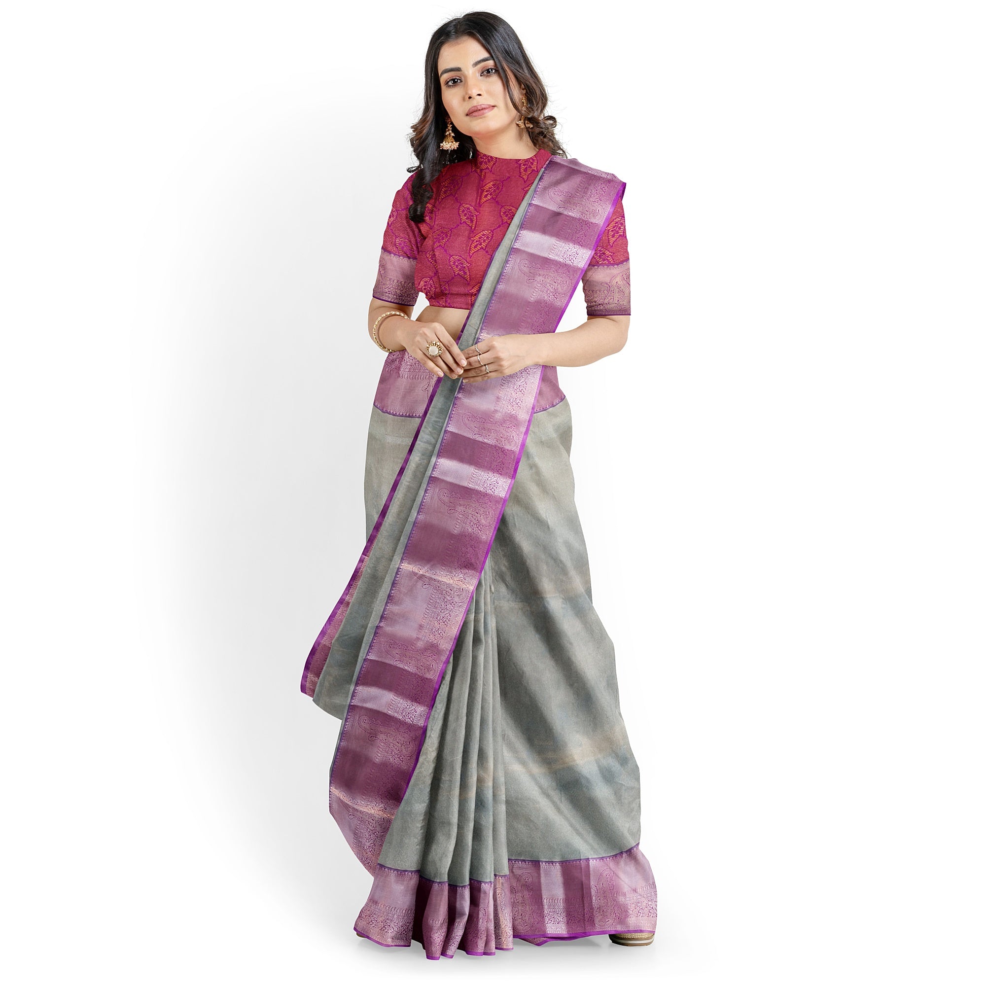 Grey Semi Tissue Saree with Plain Design and Baby Pink Border - New Sudarshan Silks`