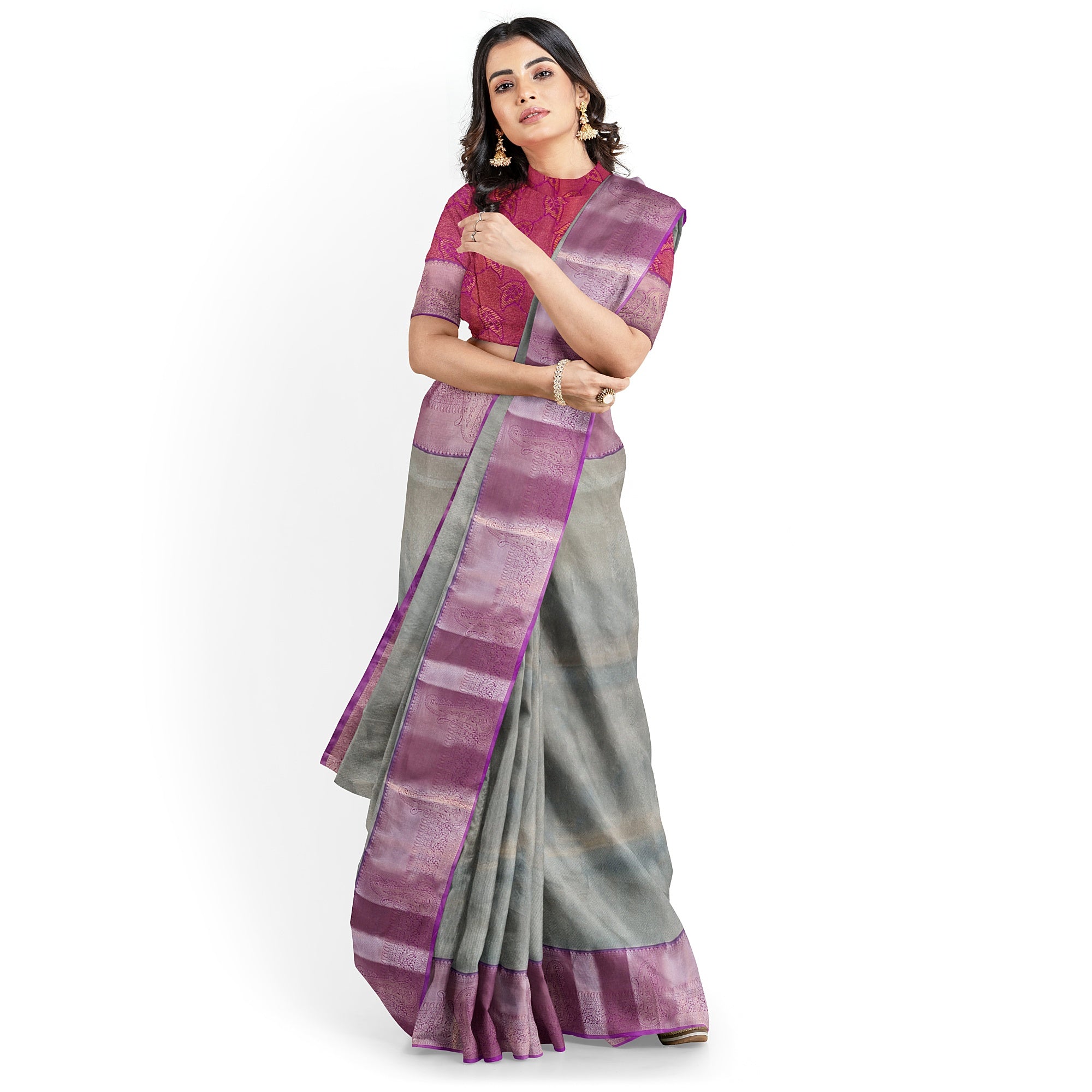 Grey Semi Tissue Saree with Plain Design and Baby Pink Border - New Sudarshan Silks`