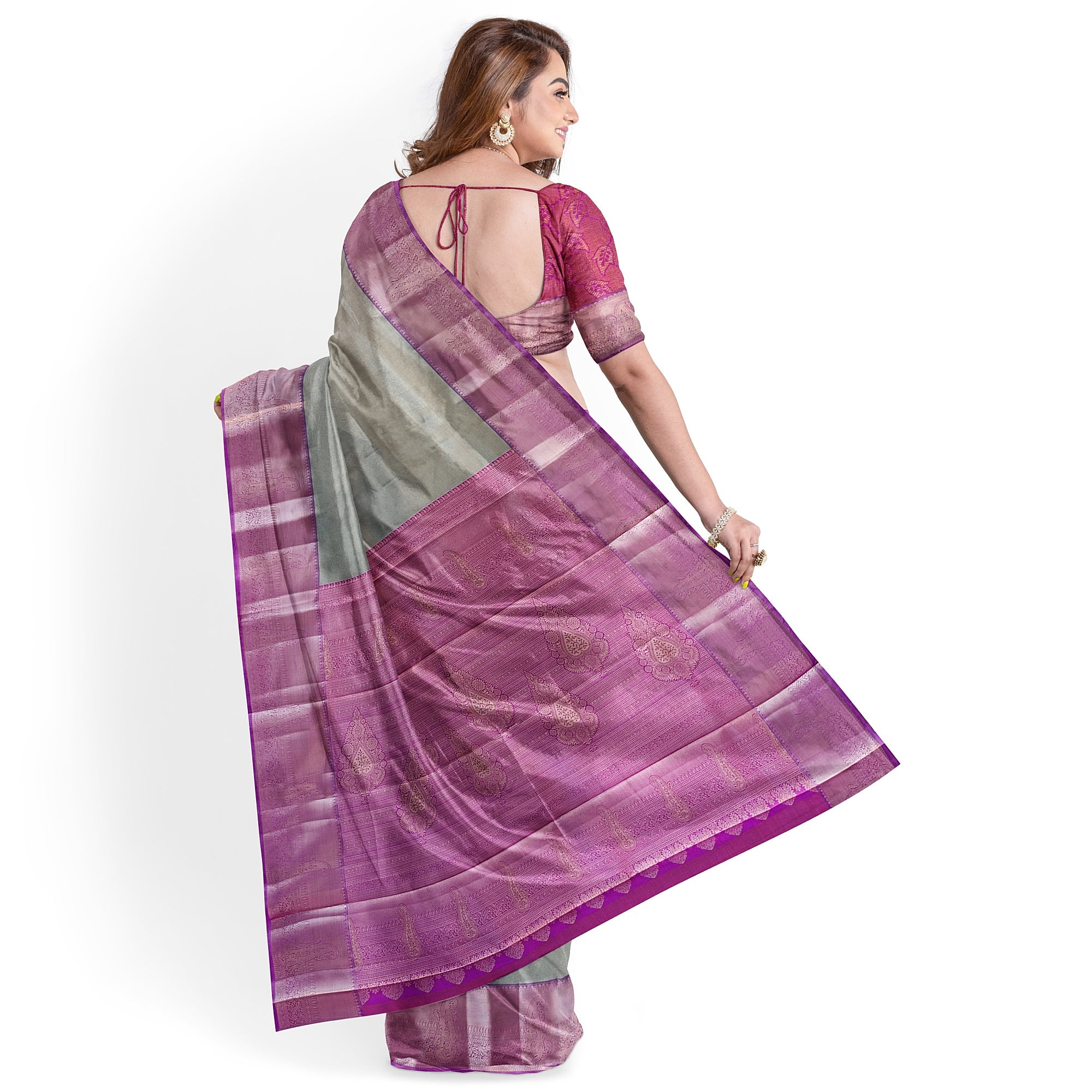 Grey Semi Tissue Saree with Plain Design and Baby Pink Border - New Sudarshan Silks`