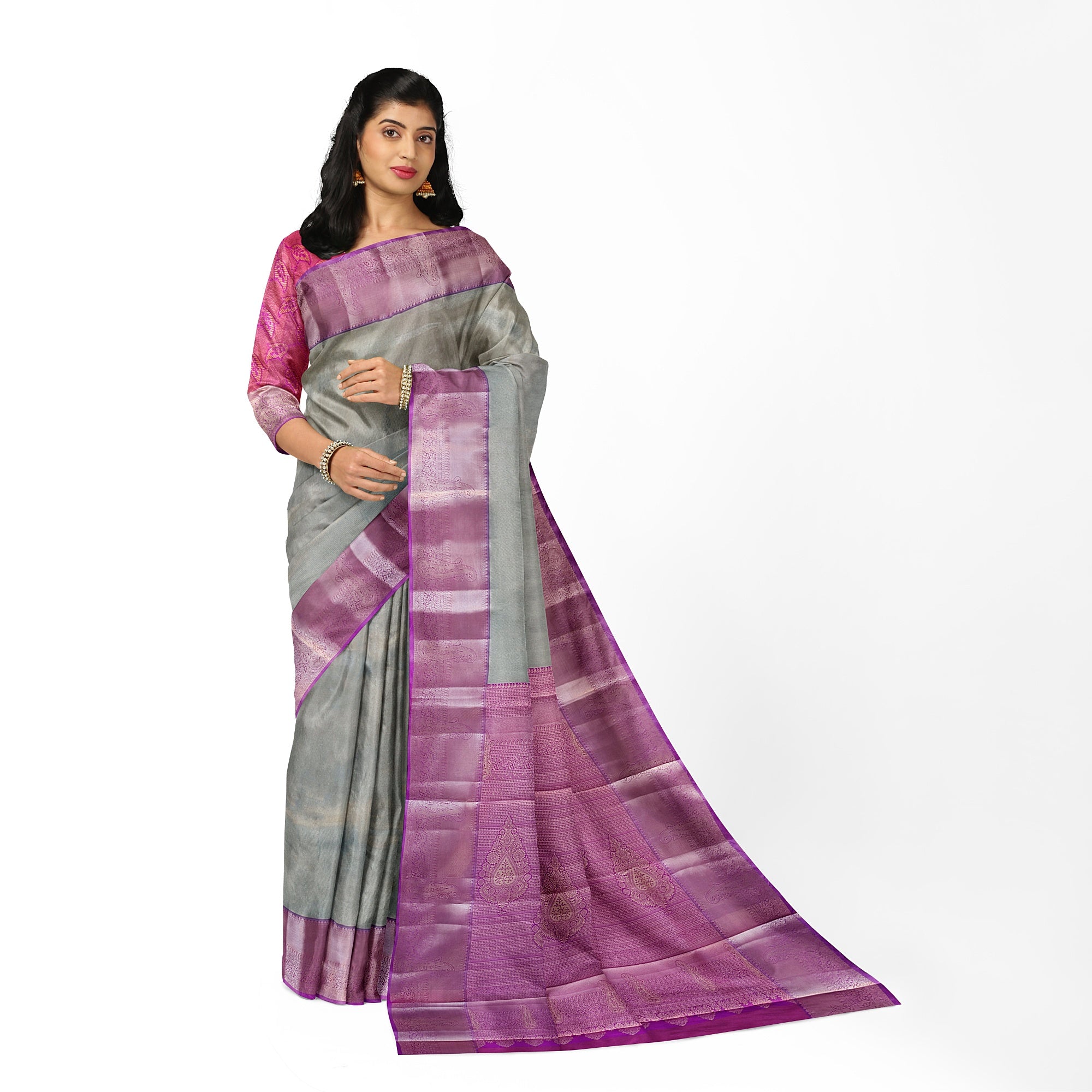 Grey Semi Tissue Saree with Plain Design and Baby Pink Border - New Sudarshan Silks`