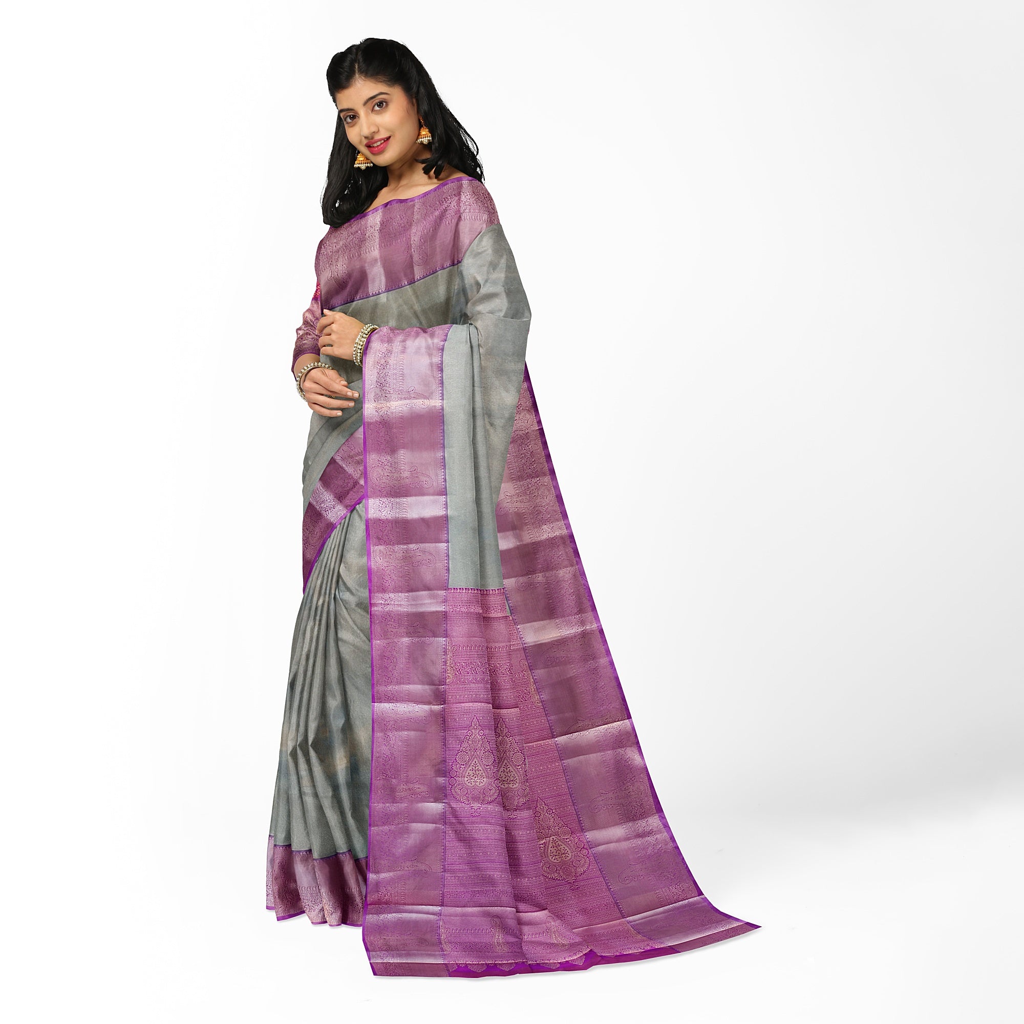 Grey Semi Tissue Saree with Plain Design and Baby Pink Border - New Sudarshan Silks`