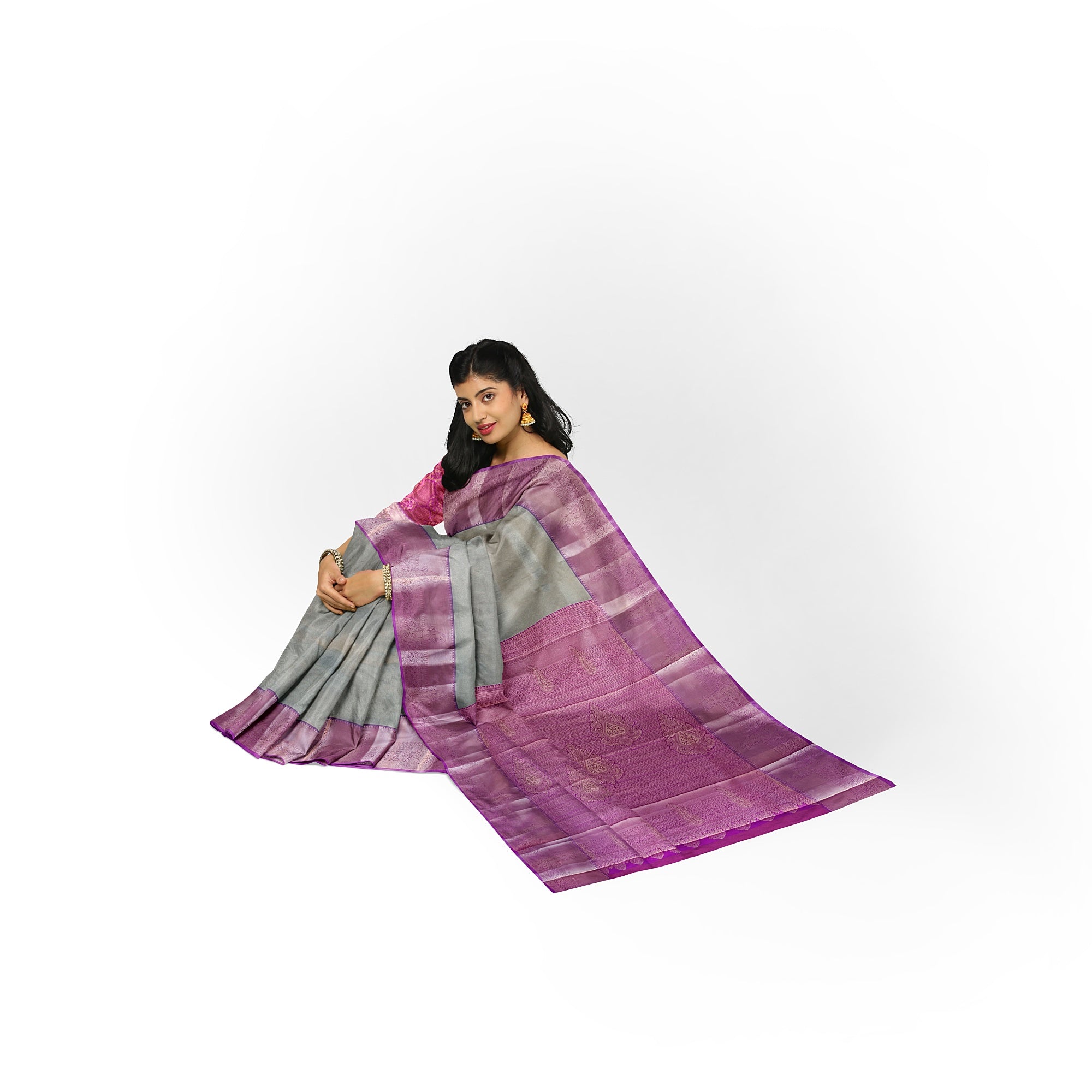 Grey Semi Tissue Saree with Plain Design and Baby Pink Border - New Sudarshan Silks`