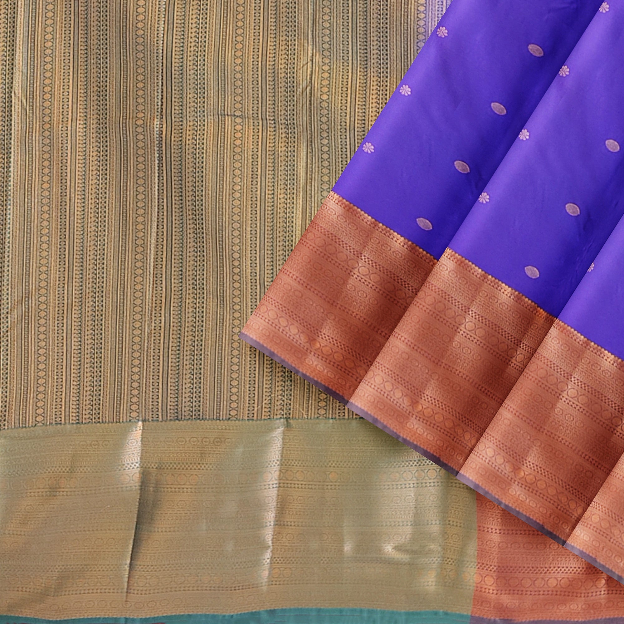 "Purple Butta Semi Silk Saree with Dark Green Border – Elegant Semi Silk Sarees Online" - New Sudarshan Silks`