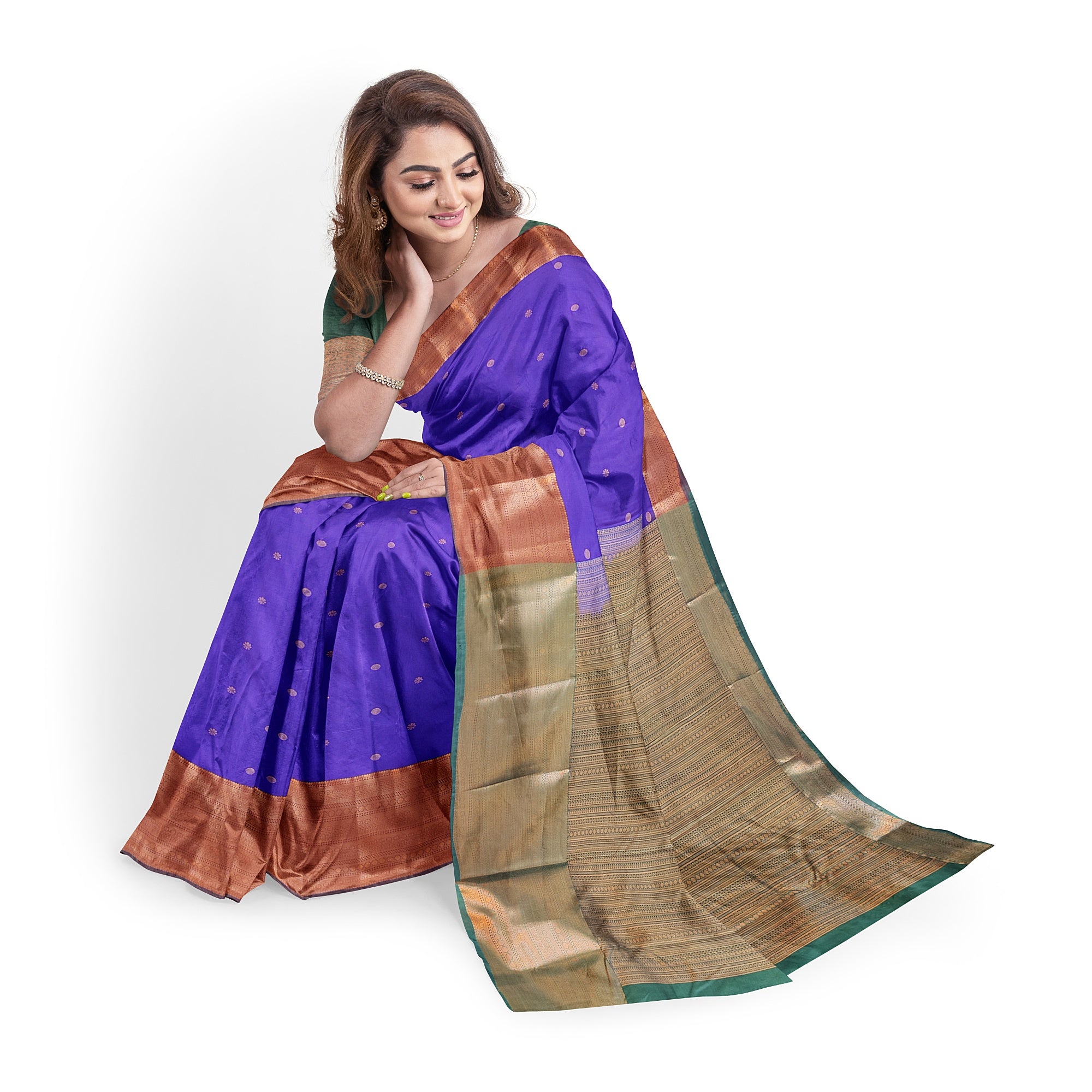 "Purple Butta Semi Silk Saree with Dark Green Border – Elegant Semi Silk Sarees Online" - New Sudarshan Silks`
