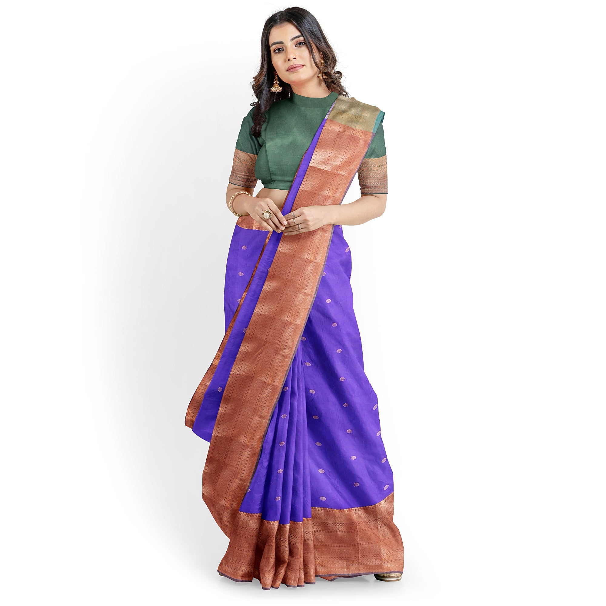 "Purple Butta Semi Silk Saree with Dark Green Border – Elegant Semi Silk Sarees Online" - New Sudarshan Silks`