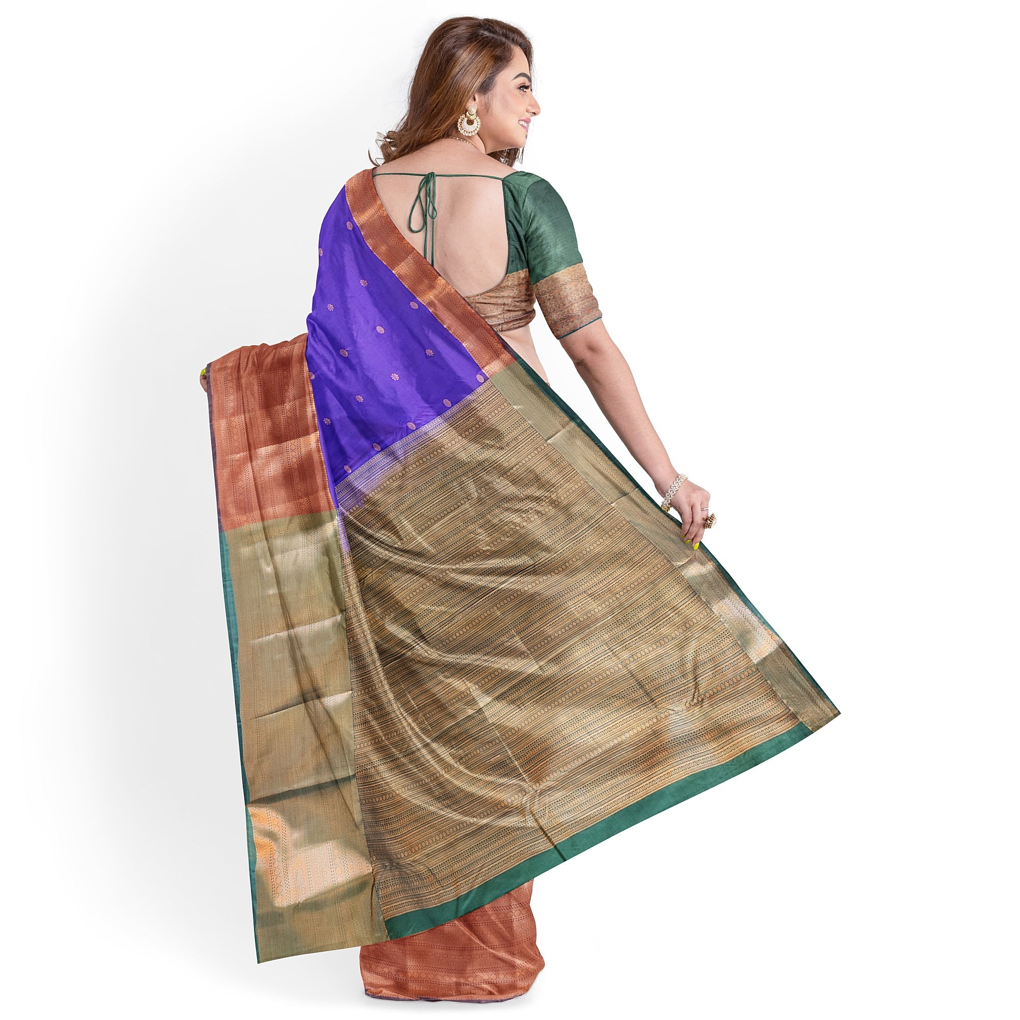 "Purple Butta Semi Silk Saree with Dark Green Border – Elegant Semi Silk Sarees Online" - New Sudarshan Silks`