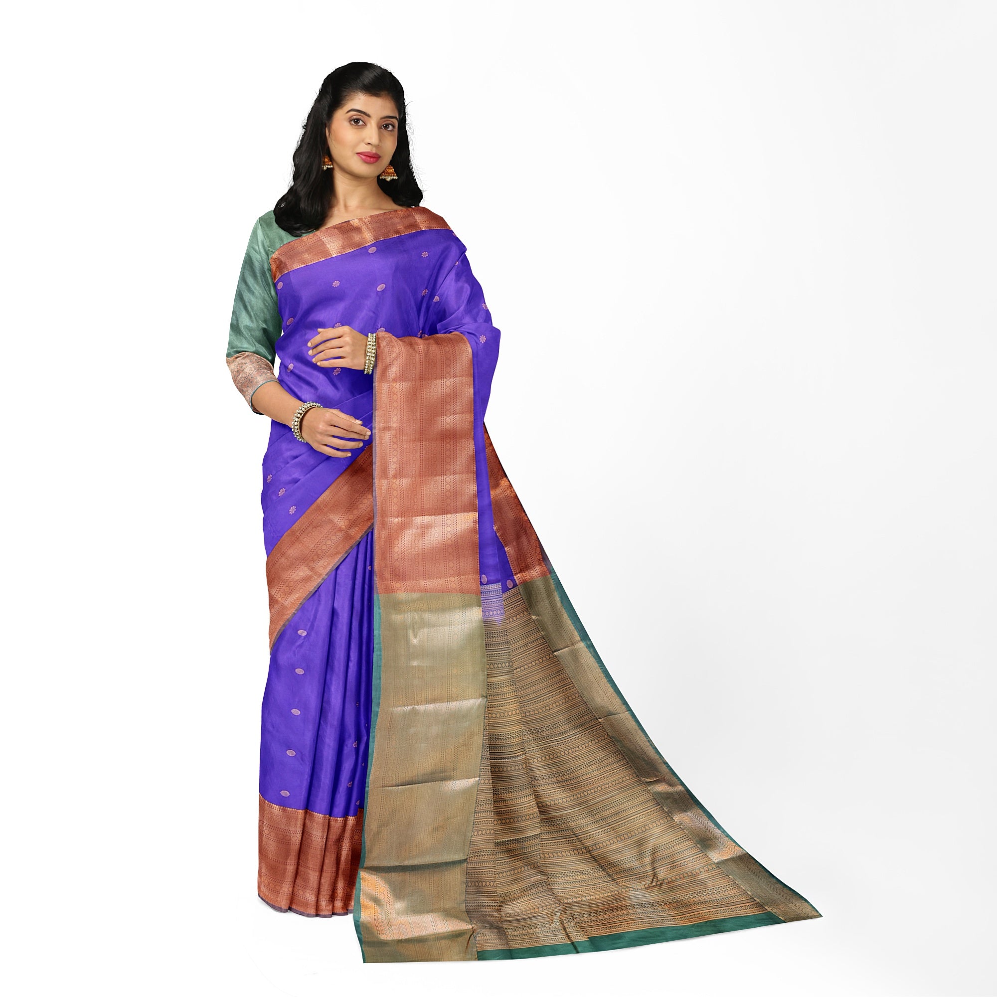 "Purple Butta Semi Silk Saree with Dark Green Border – Elegant Semi Silk Sarees Online" - New Sudarshan Silks`