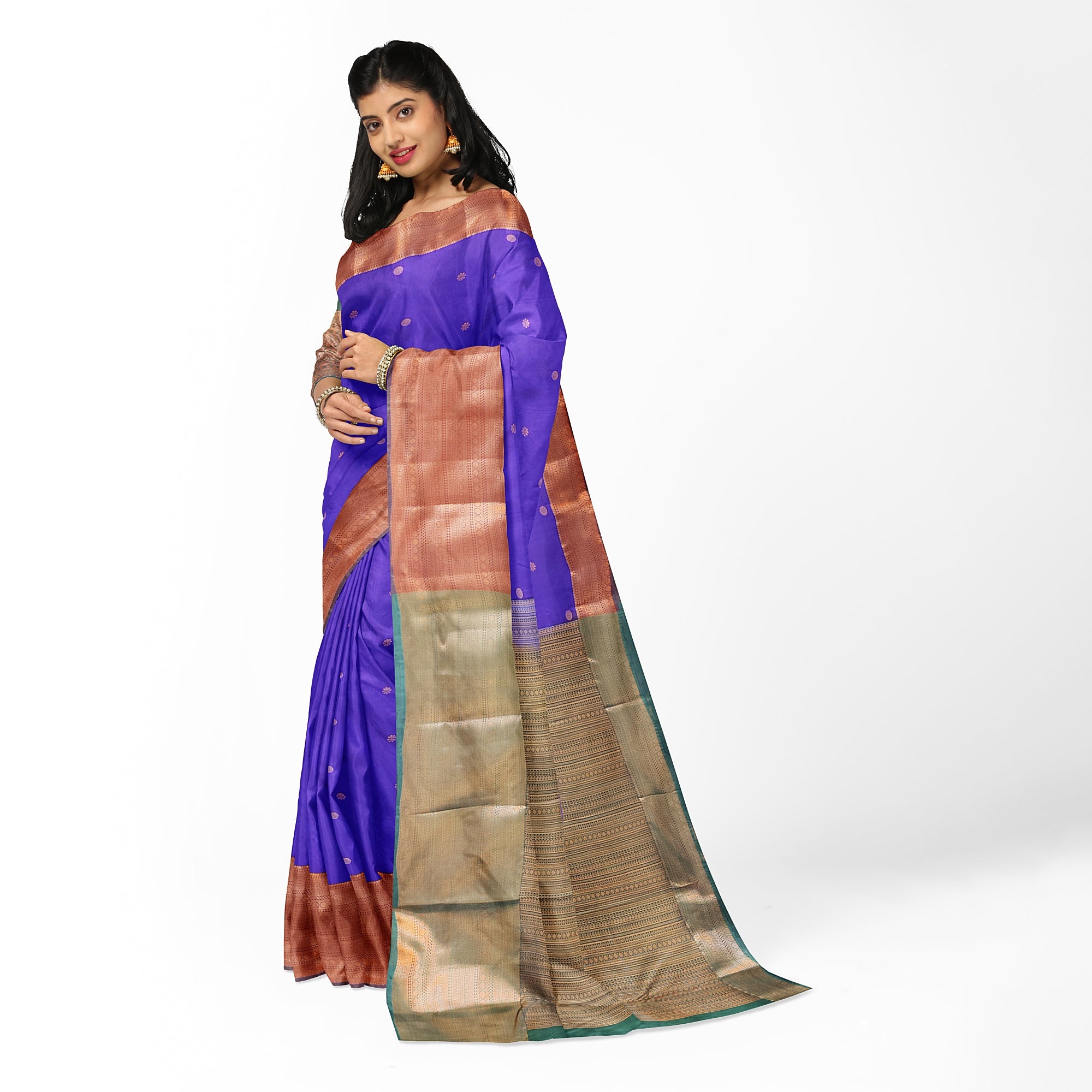 "Purple Butta Semi Silk Saree with Dark Green Border – Elegant Semi Silk Sarees Online" - New Sudarshan Silks`