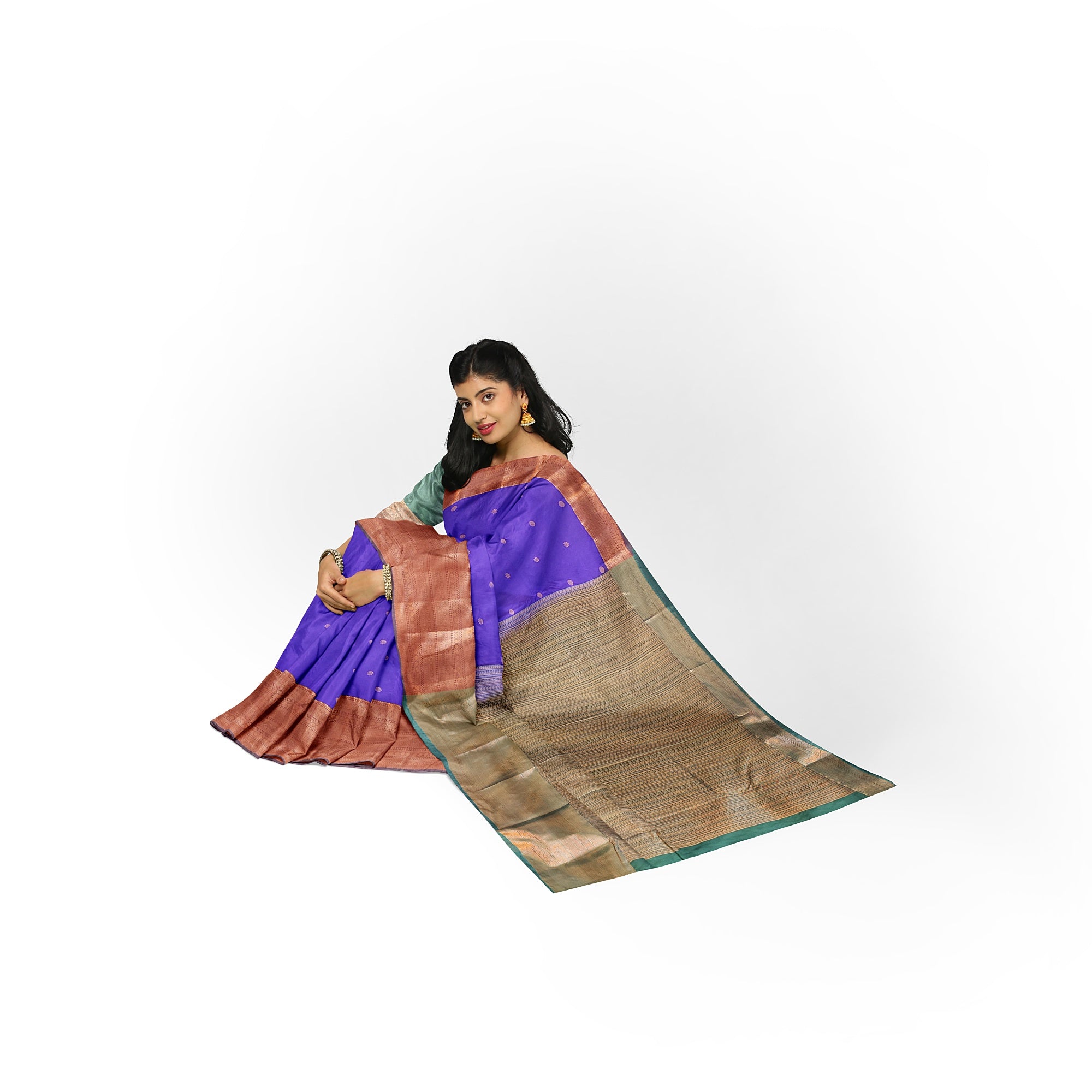 "Purple Butta Semi Silk Saree with Dark Green Border – Elegant Semi Silk Sarees Online" - New Sudarshan Silks`