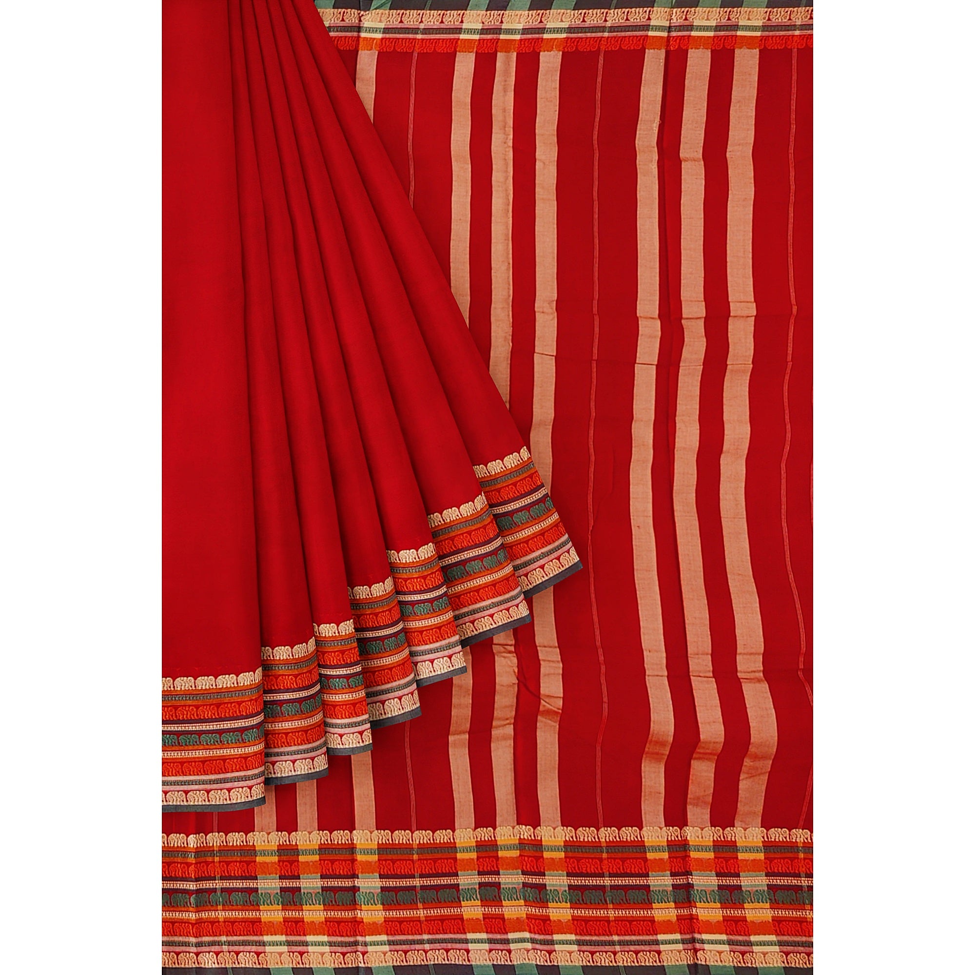 Red Cotton Saree – Plain Body with Traditional Border – Shop Online