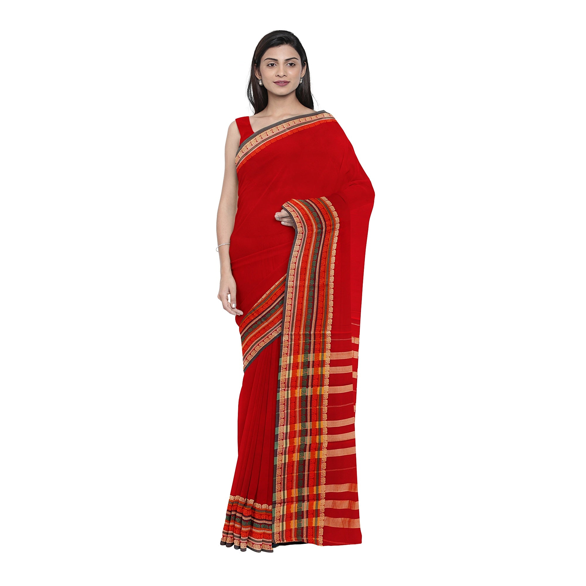 Red Cotton Saree – Plain Body with Traditional Border – Shop Online