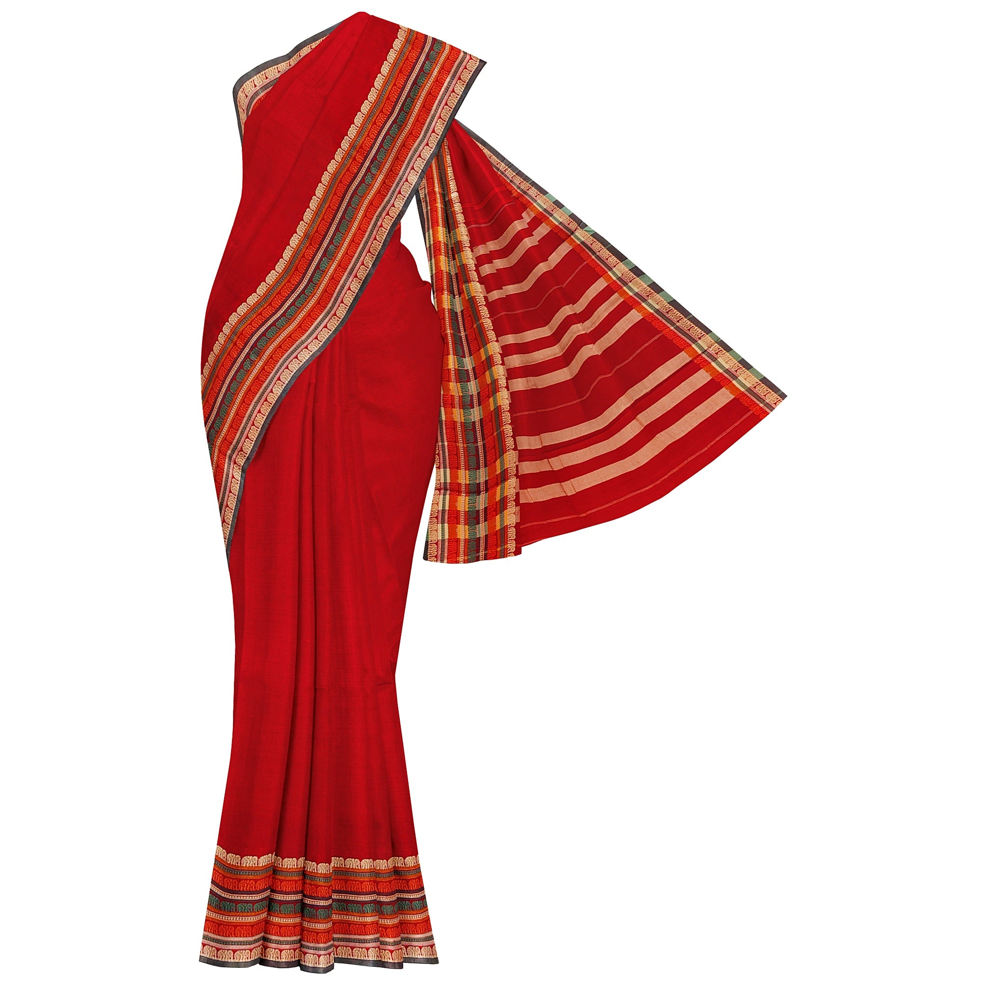 Red Cotton Saree – Plain Body with Traditional Border – Shop Online
