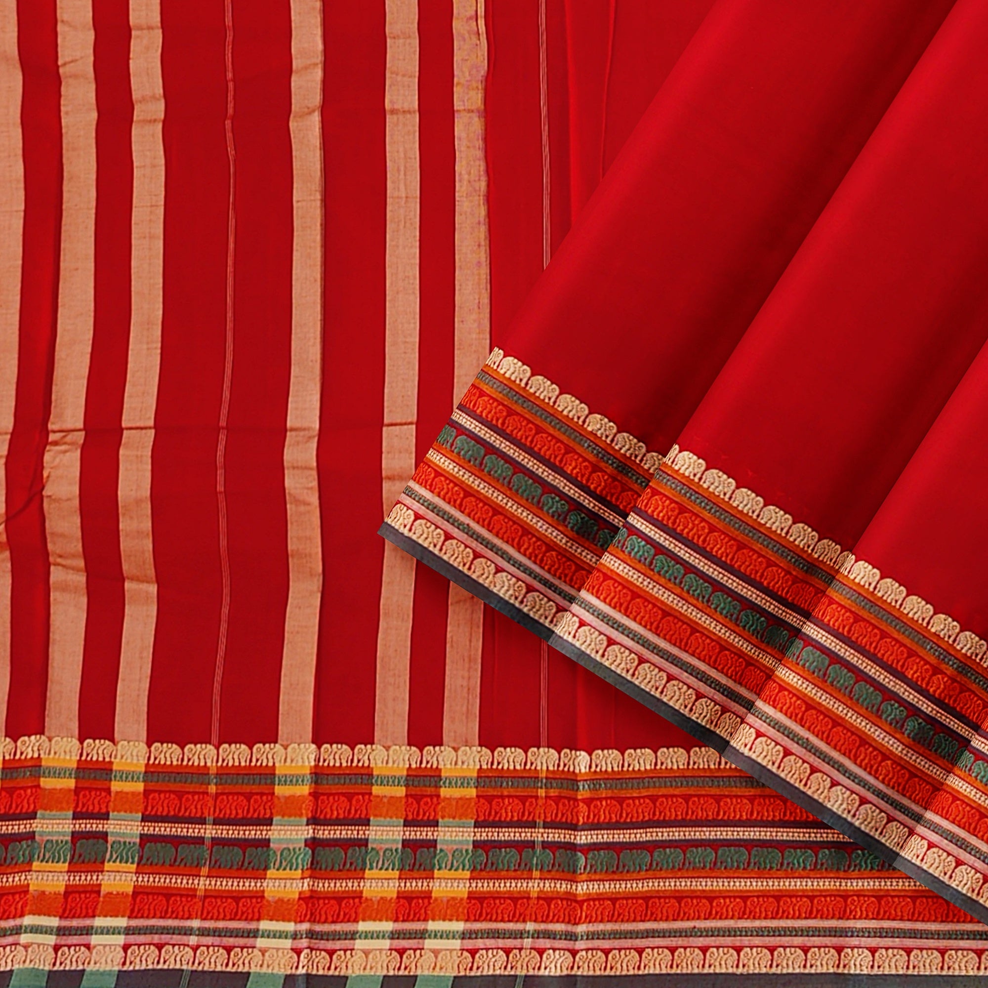 Red Cotton Saree – Plain Body with Traditional Border – Shop Online