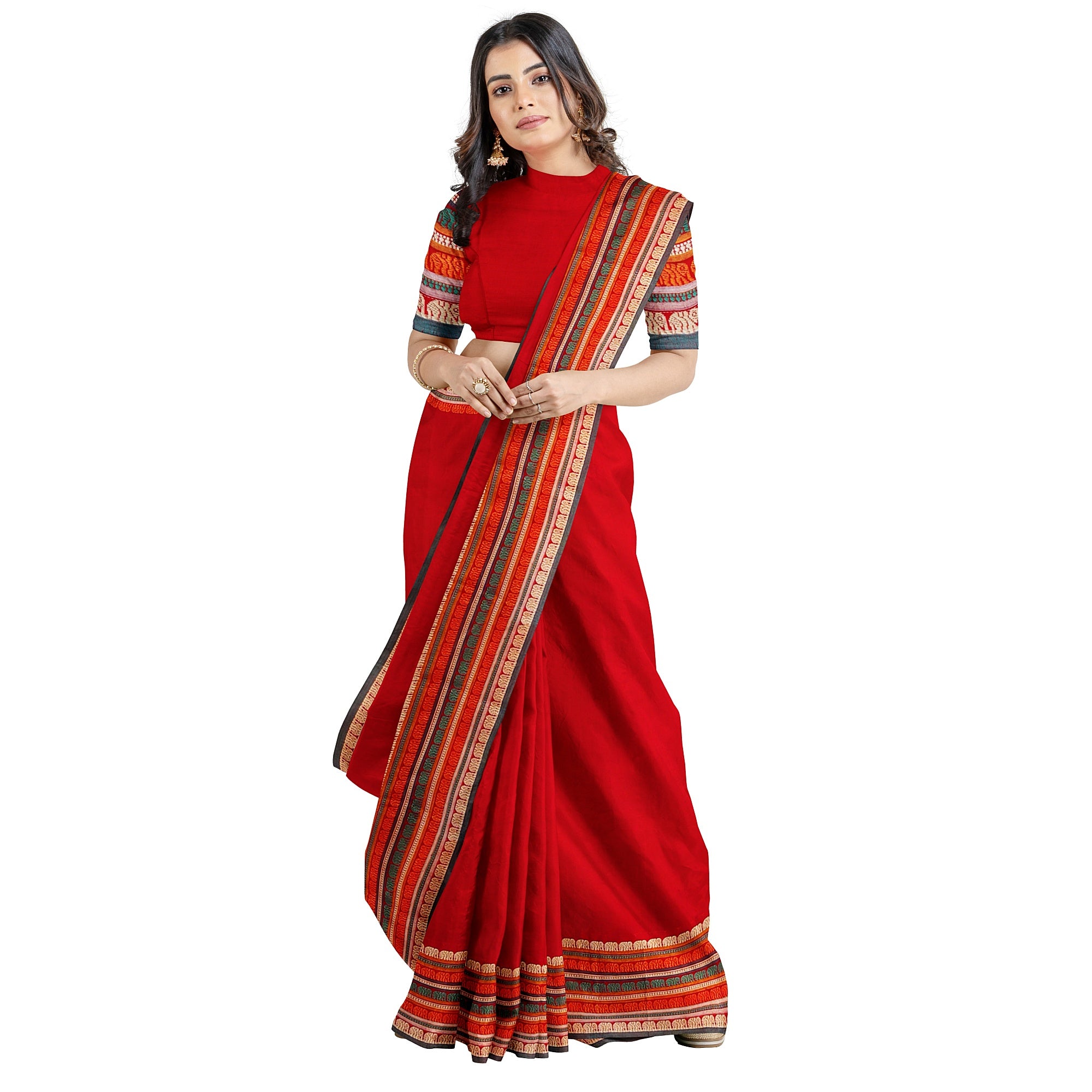 Red Cotton Saree – Plain Body with Traditional Border – Shop Online