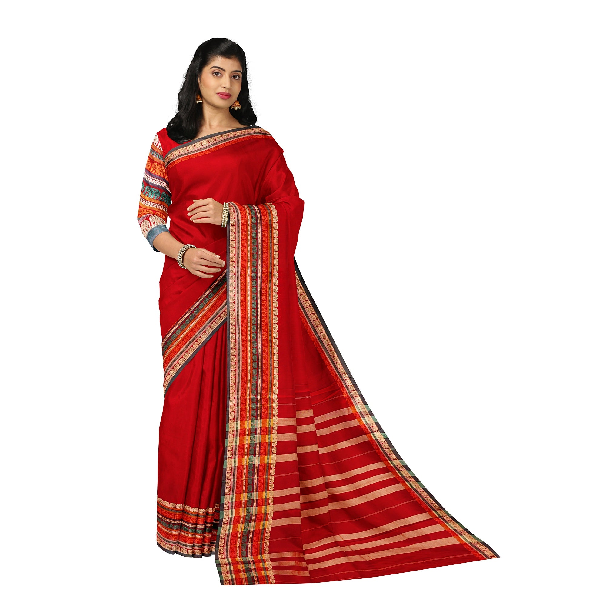 Red Cotton Saree – Plain Body with Traditional Border – Shop Online