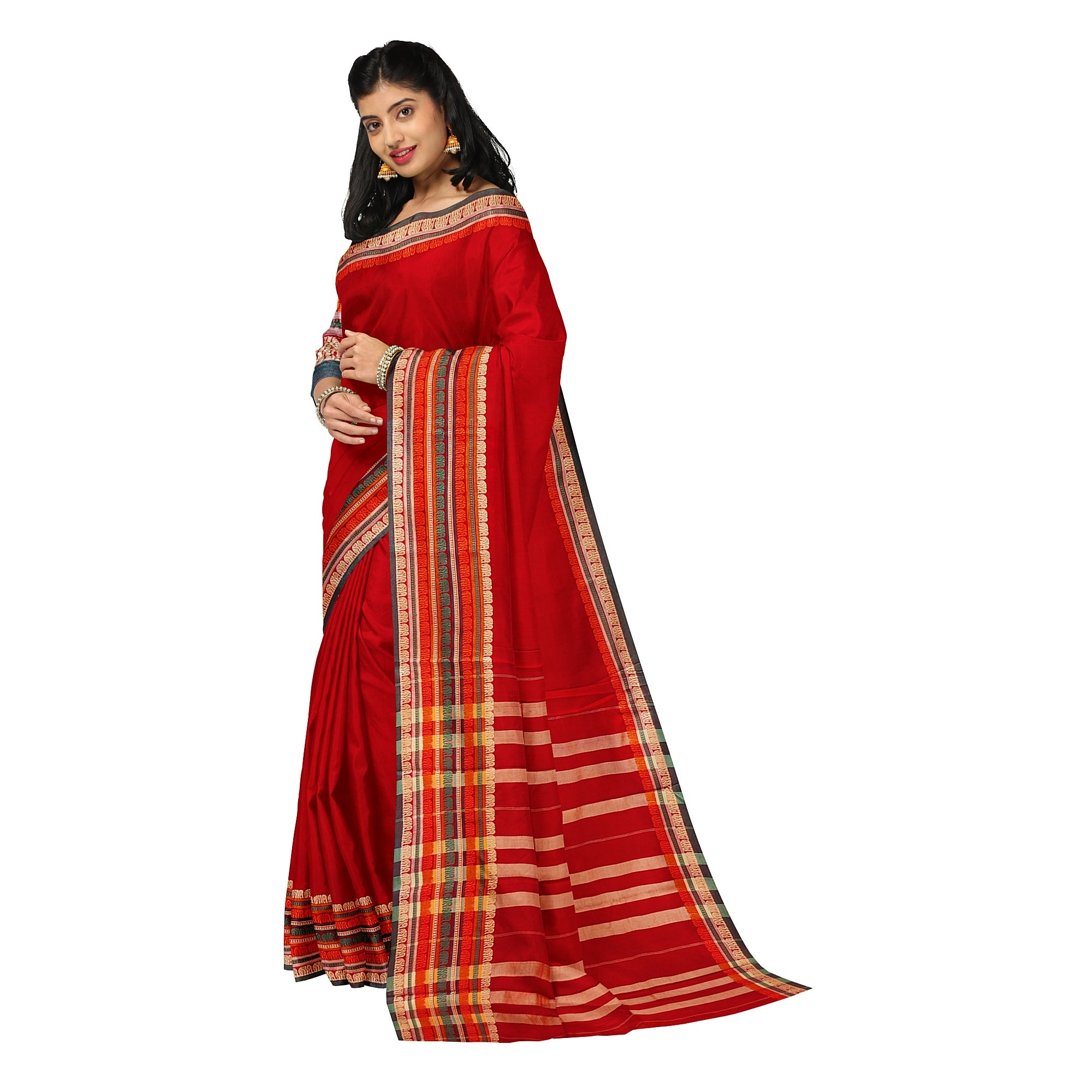 Red Cotton Saree – Plain Body with Traditional Border – Shop Online