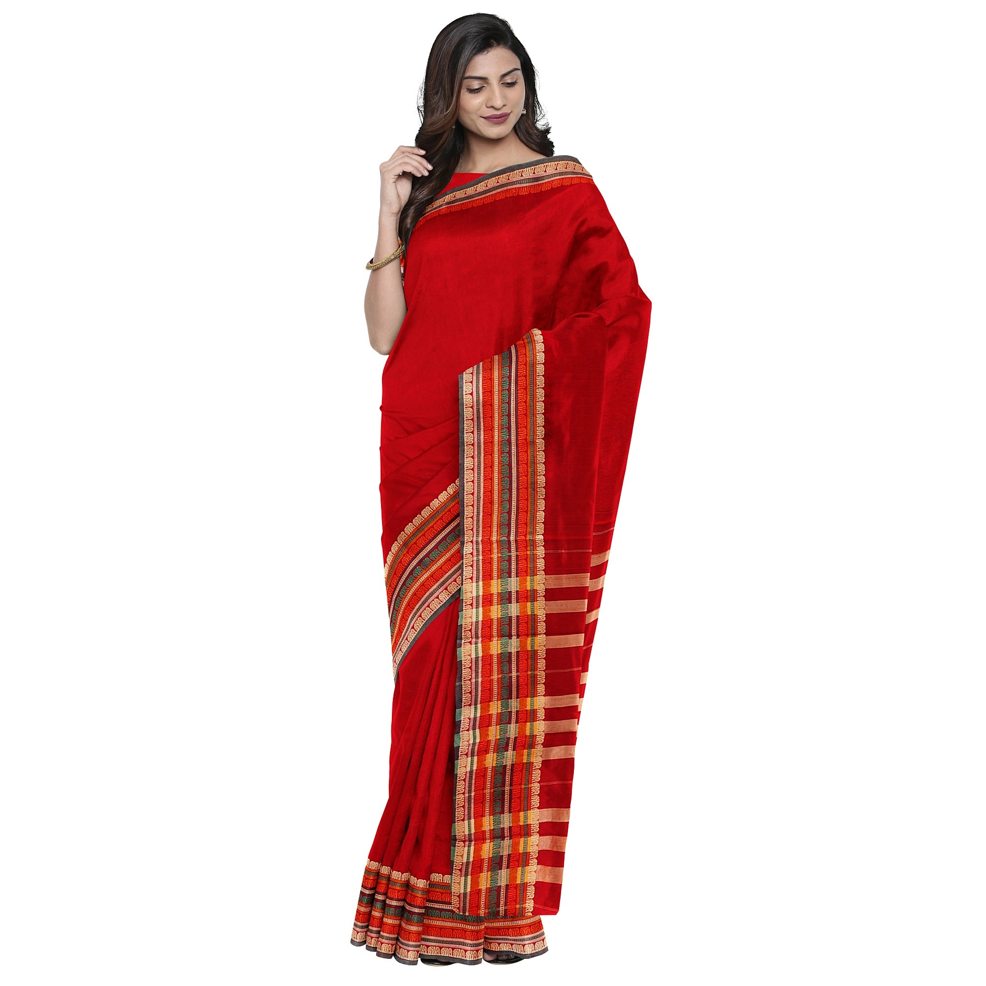 Red Cotton Saree – Plain Body with Traditional Border – Shop Online