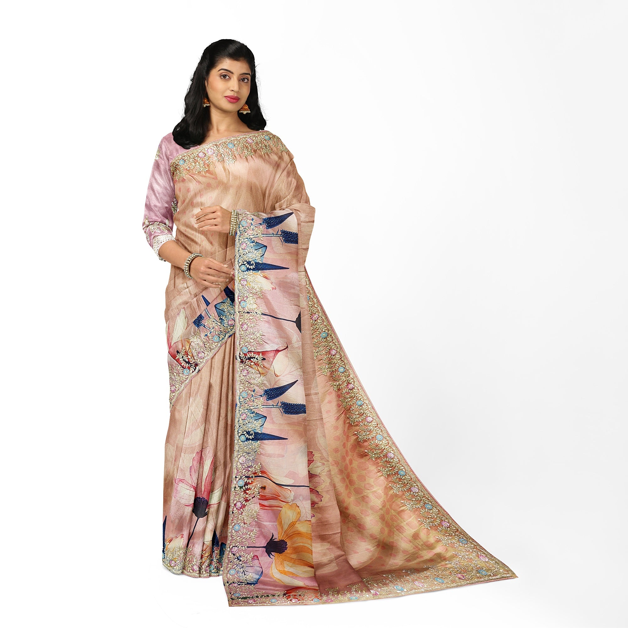 Baby Pink Floral Fancy Saree with Delicate Embroidery – Elegant Ethnic Saree Online