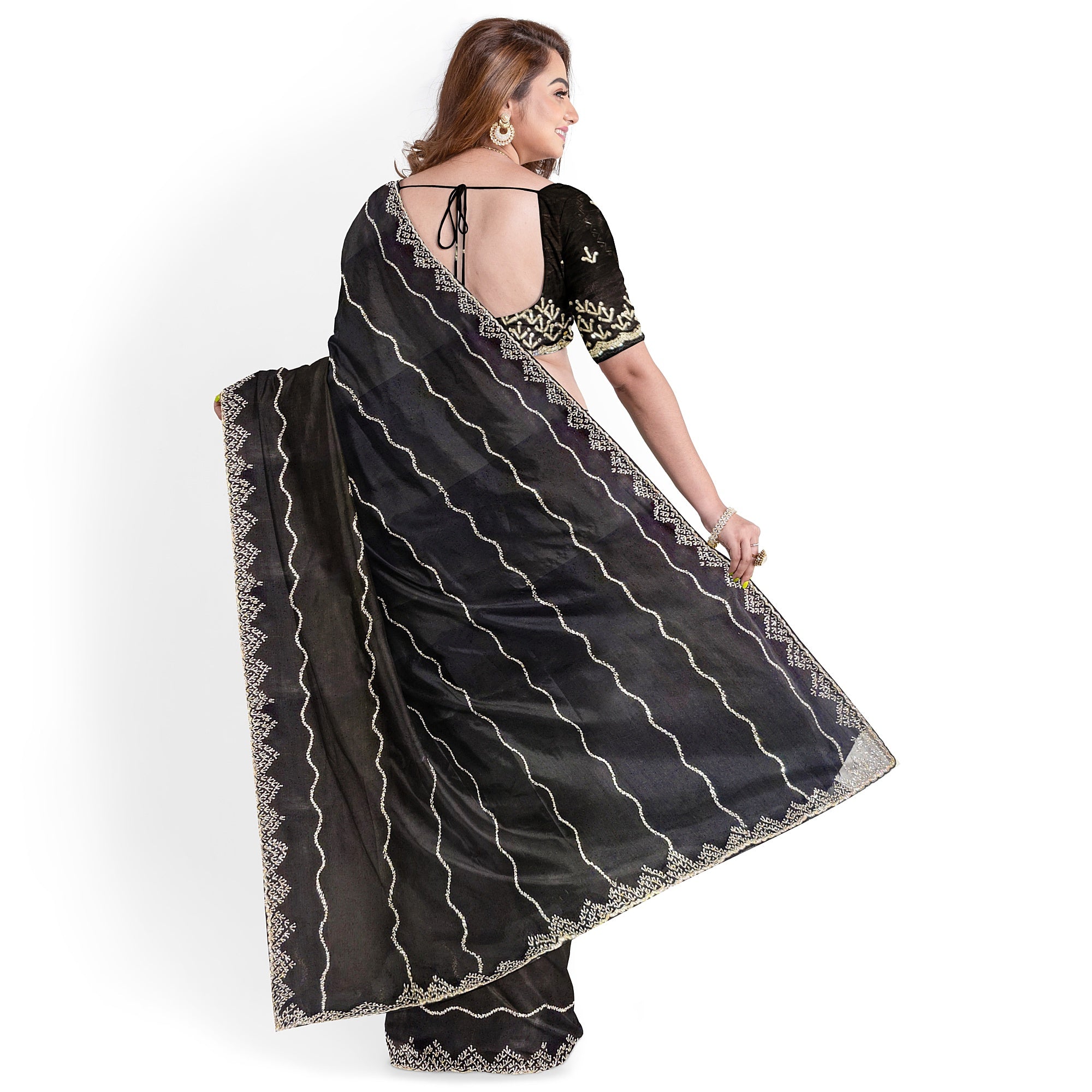 Black Fancy Saree with Sparkling Stone Work – Glamorous Party Wear Saree Online