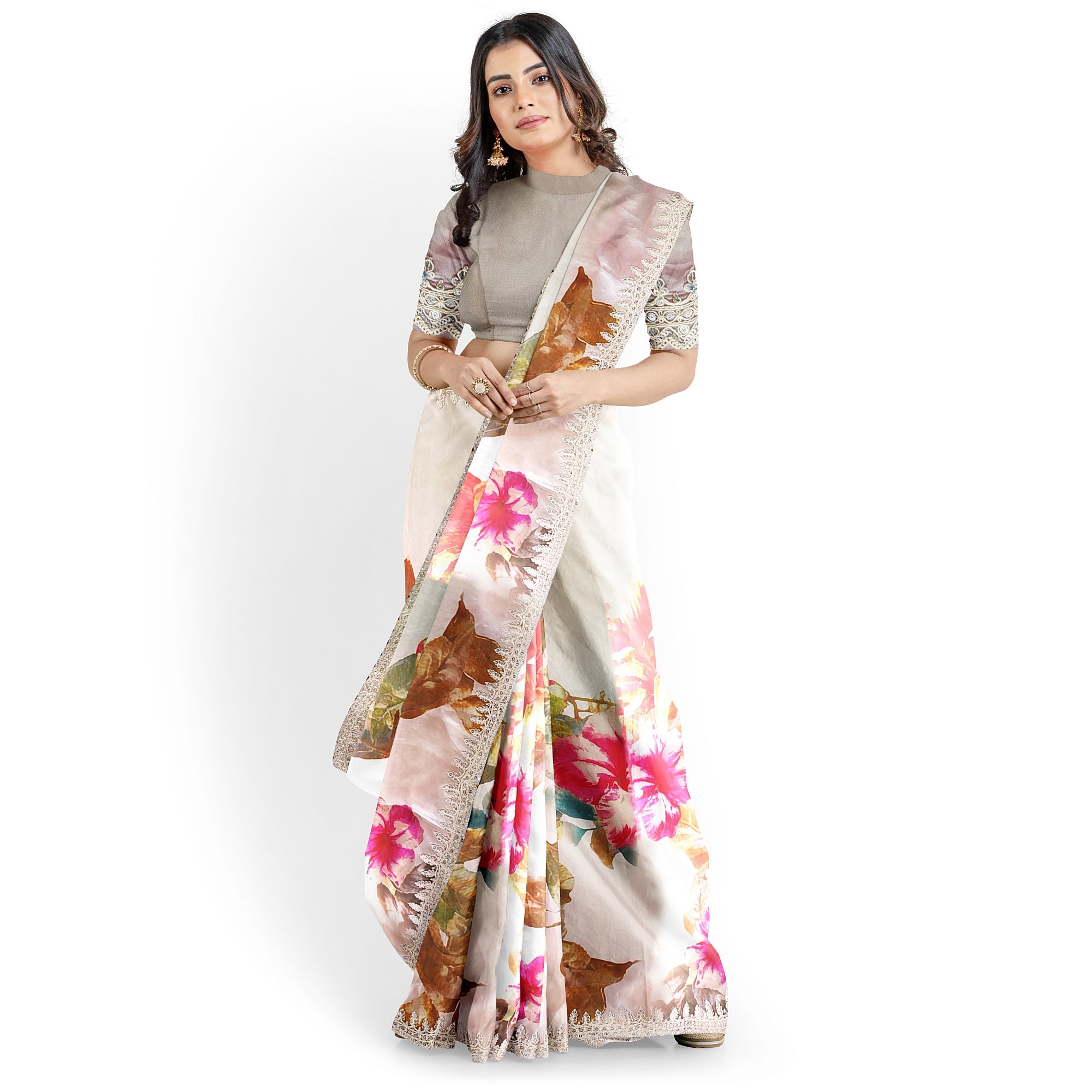 Floral Fancy Saree with Embroidery Work Border – Elegant Fancy Saree Online