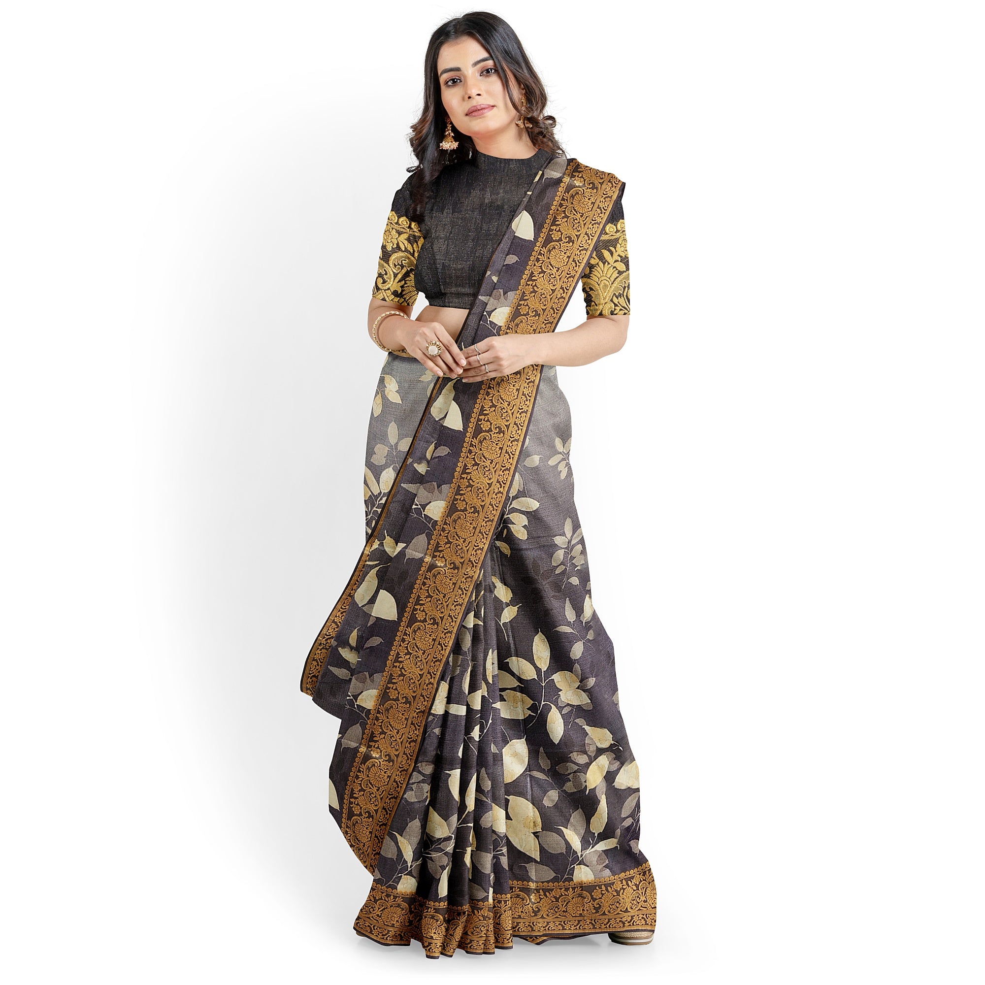 Grey Floral Print Fancy Saree with Copper Border – Stylish Printed Saree Online