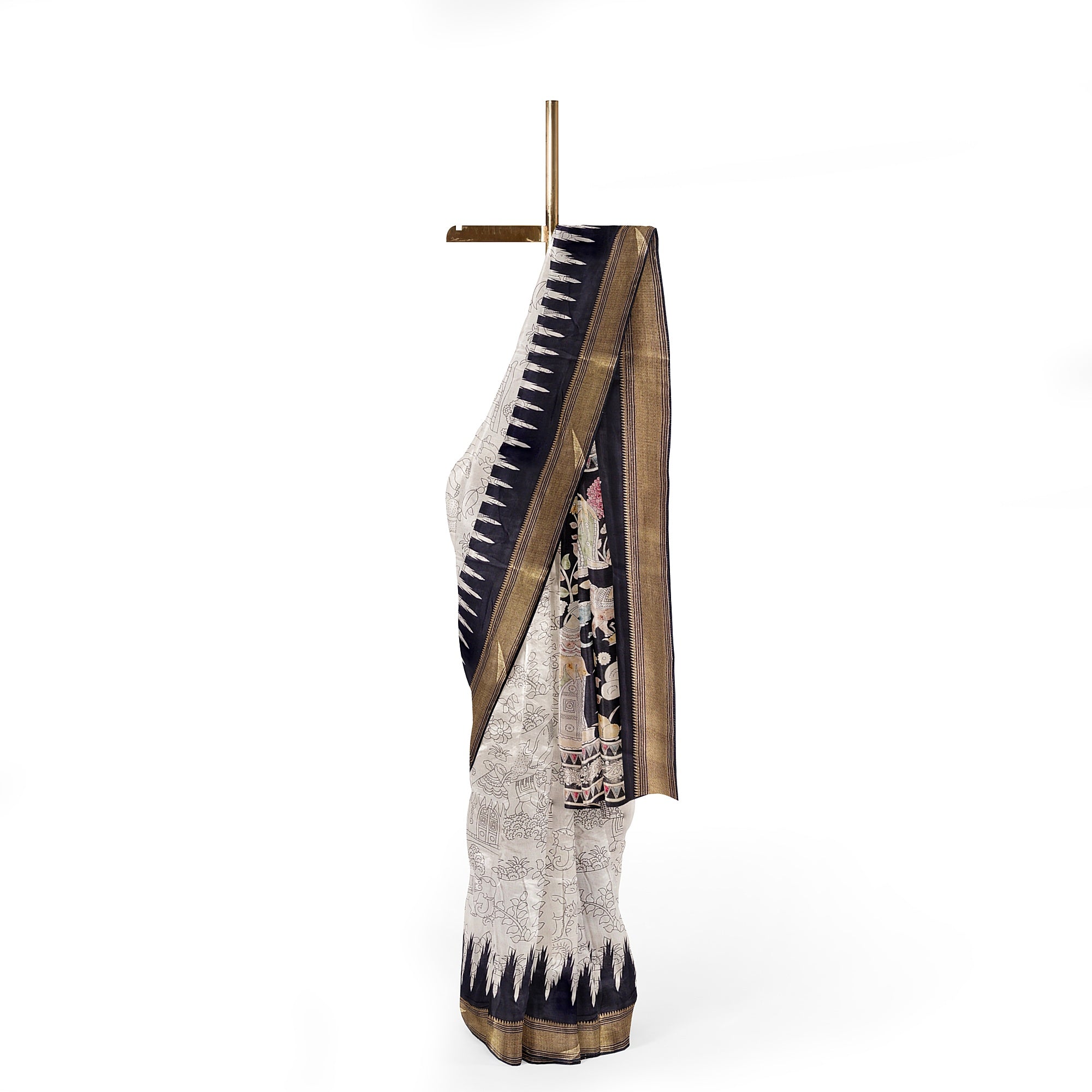 White Fancy Saree with Black Border and Kalamkari Outline Print – Contemporary Ethnic Saree Online