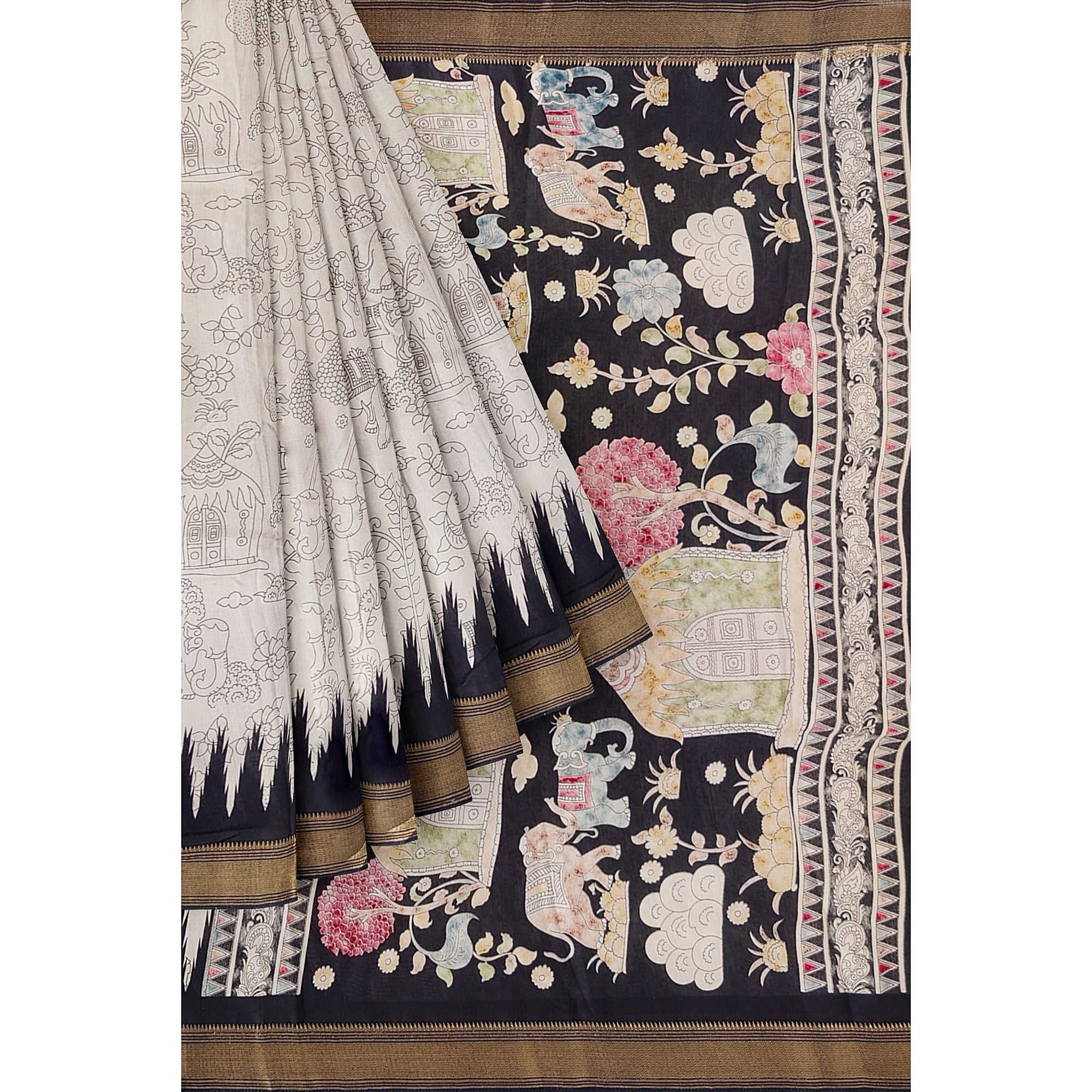 White Fancy Saree with Black Border and Kalamkari Outline Print – Contemporary Ethnic Saree Online
