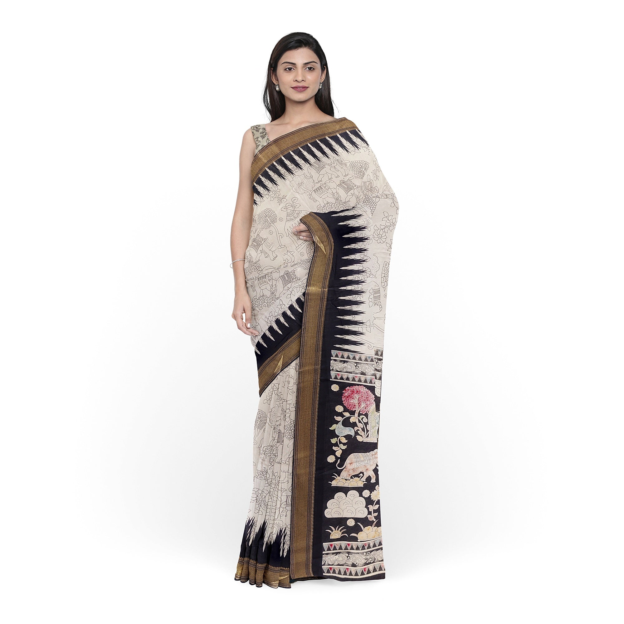 White Fancy Saree with Black Border and Kalamkari Outline Print – Contemporary Ethnic Saree Online